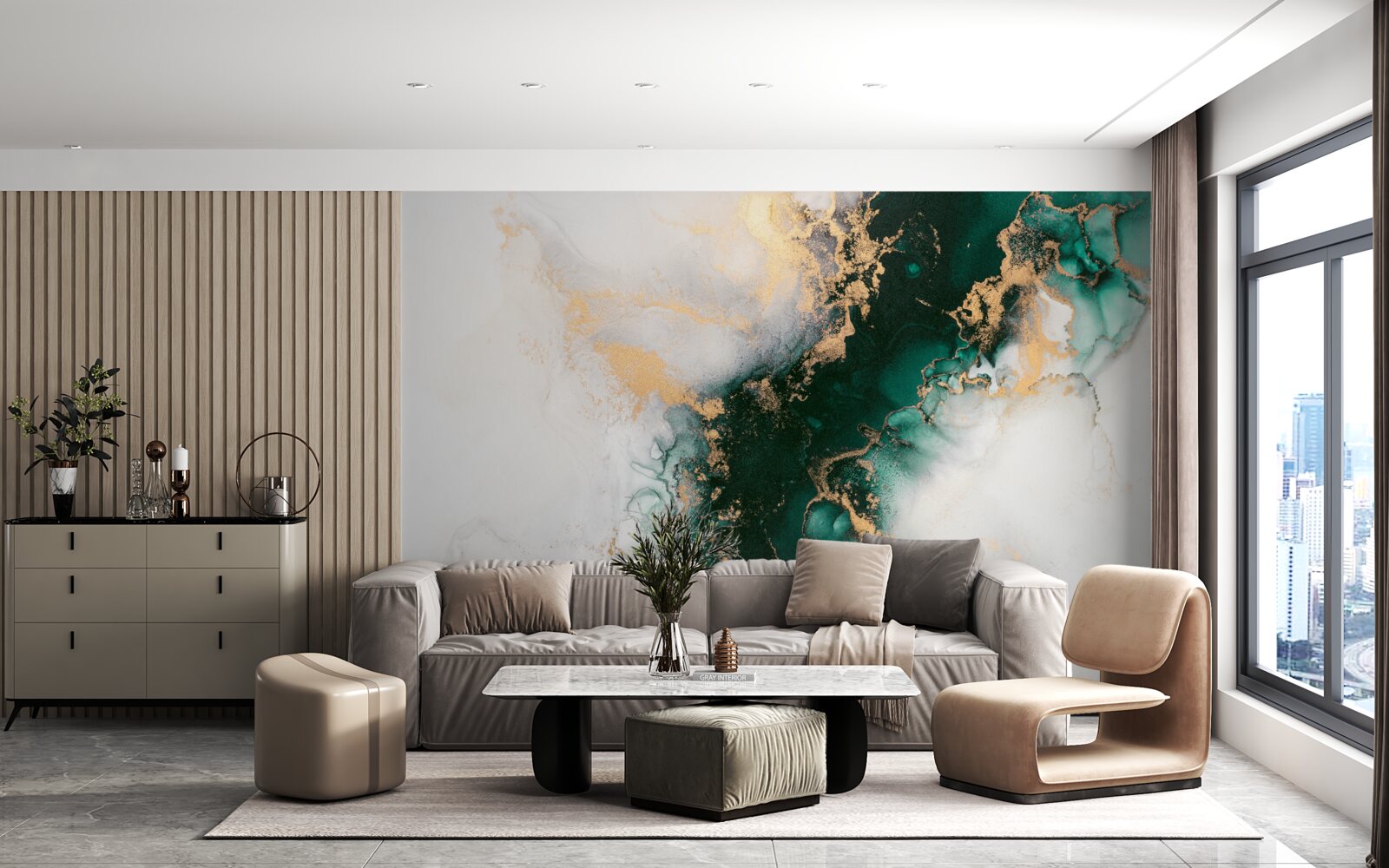 Fotobehang wit marmer met smaragdgroene tinten