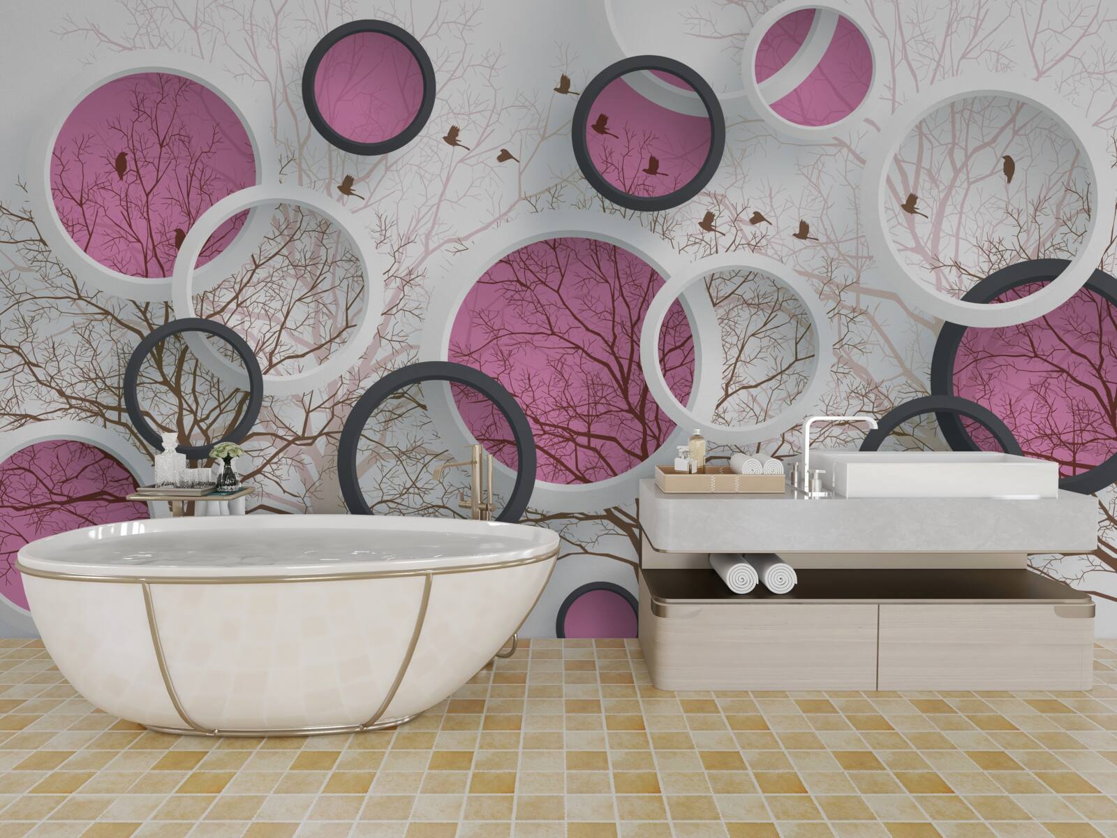 Fotobehang willekeurige cirkels en bomen