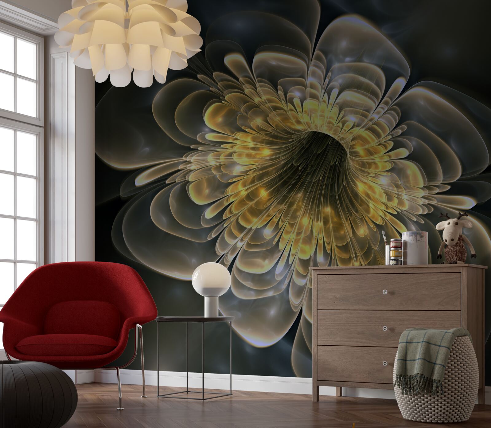 Fotobehang Gele bloem met een abstracte vorm