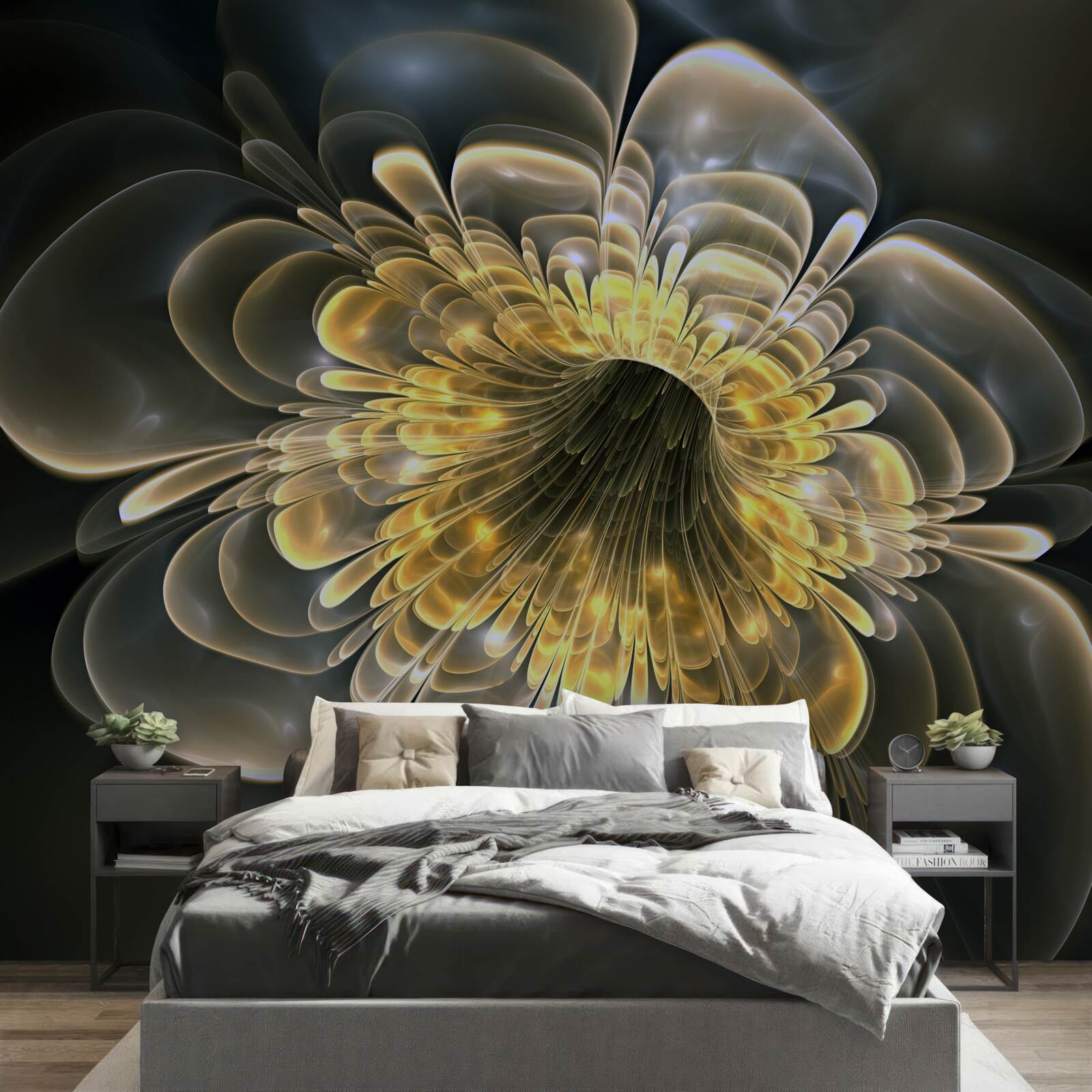 Fotobehang Gele bloem met een abstracte vorm