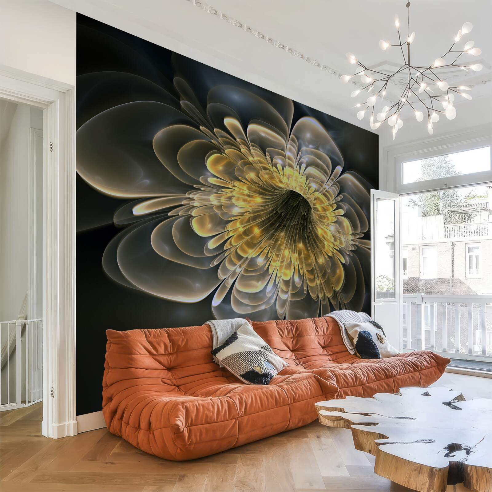 Fotobehang Gele bloem met een abstracte vorm