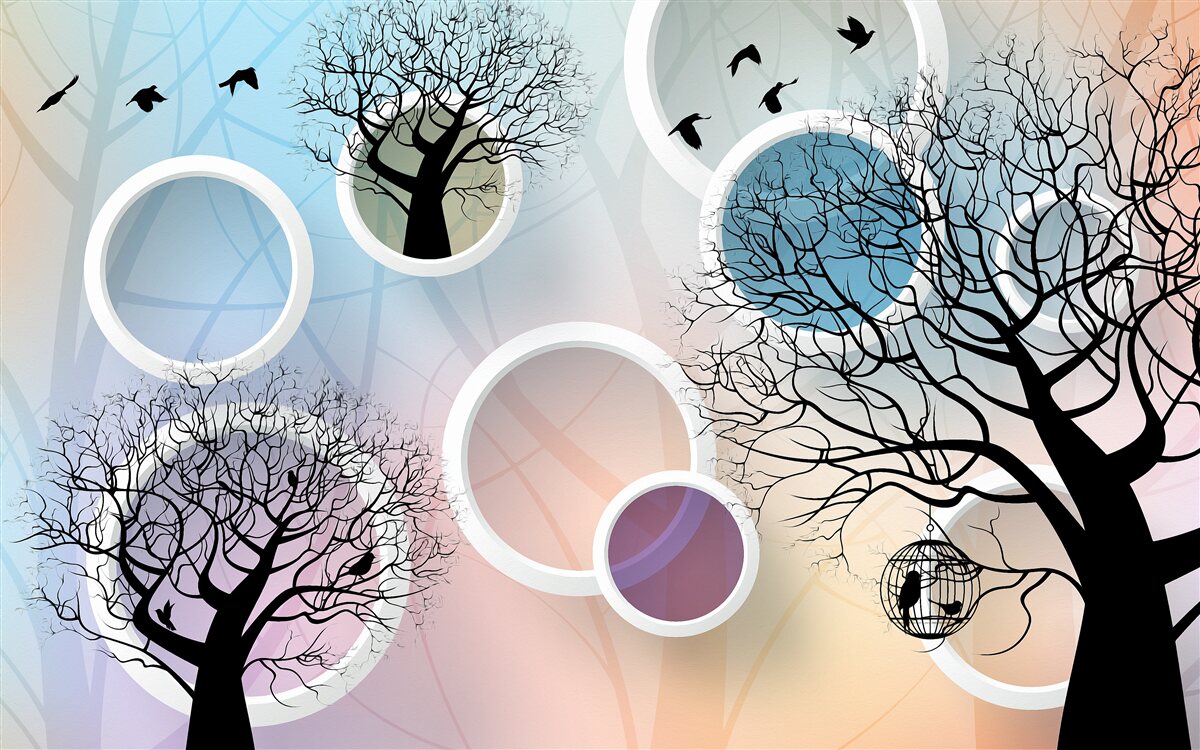 Fotobehang grote verven met veelkleurige bomen en witte cirkels