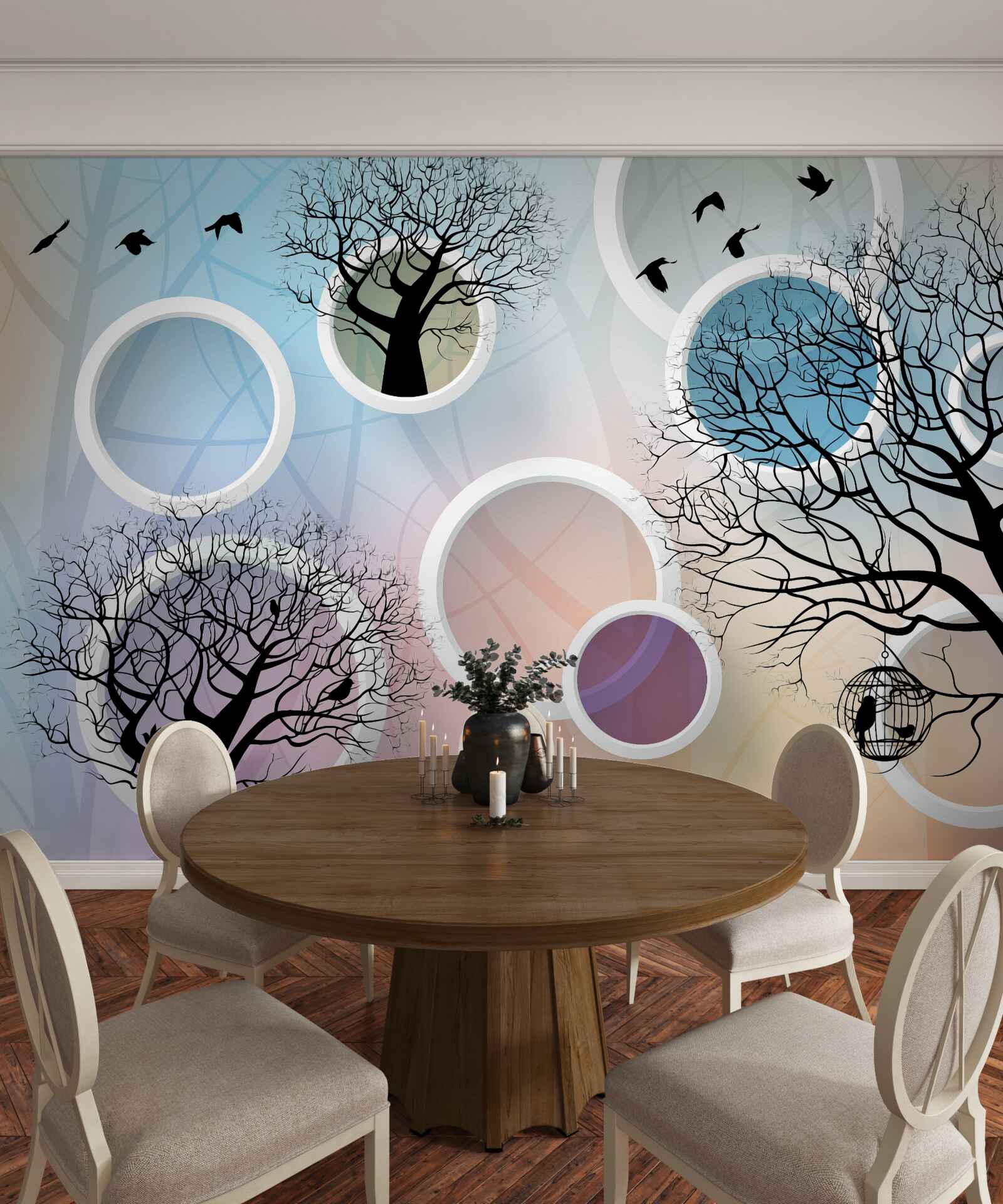 Fotobehang grote verven met veelkleurige bomen en witte cirkels