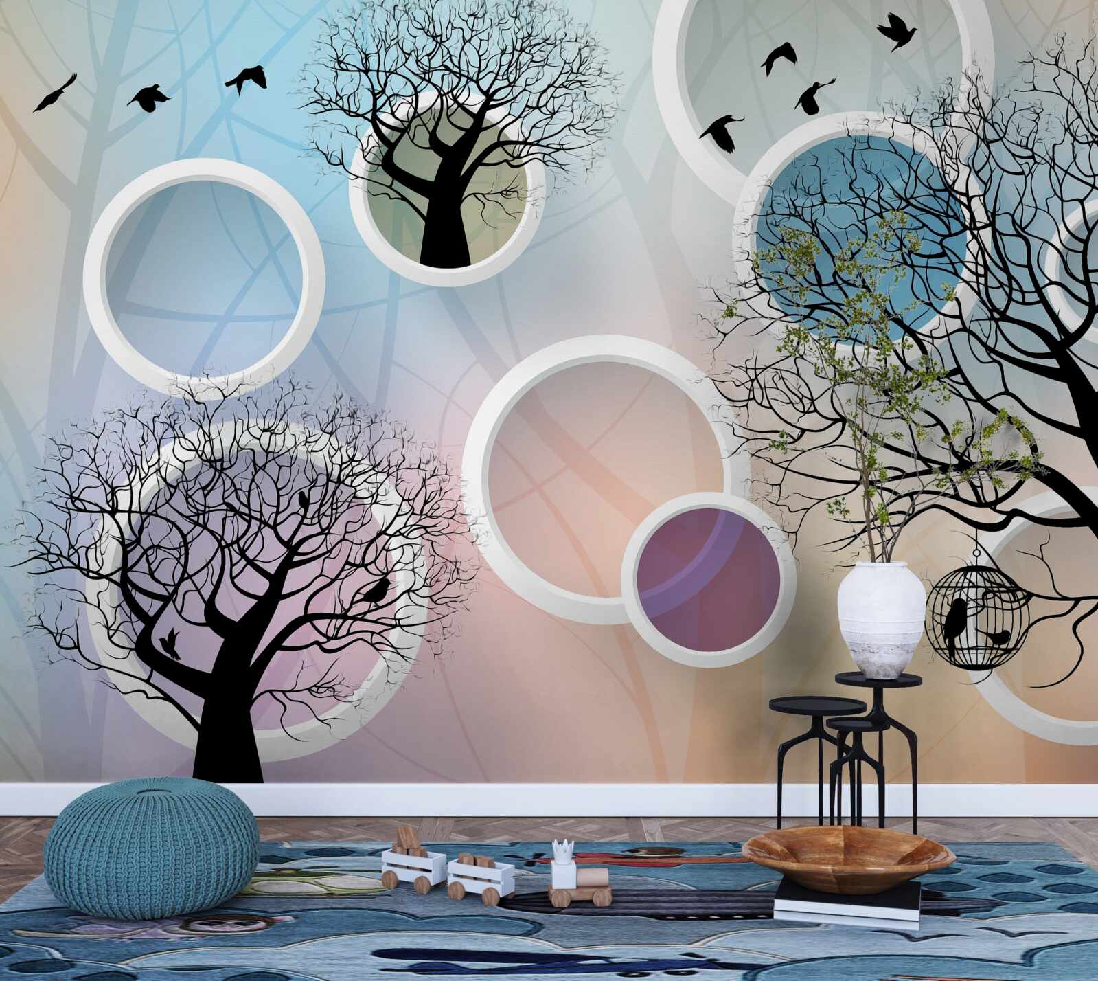 Fotobehang grote verven met veelkleurige bomen en witte cirkels