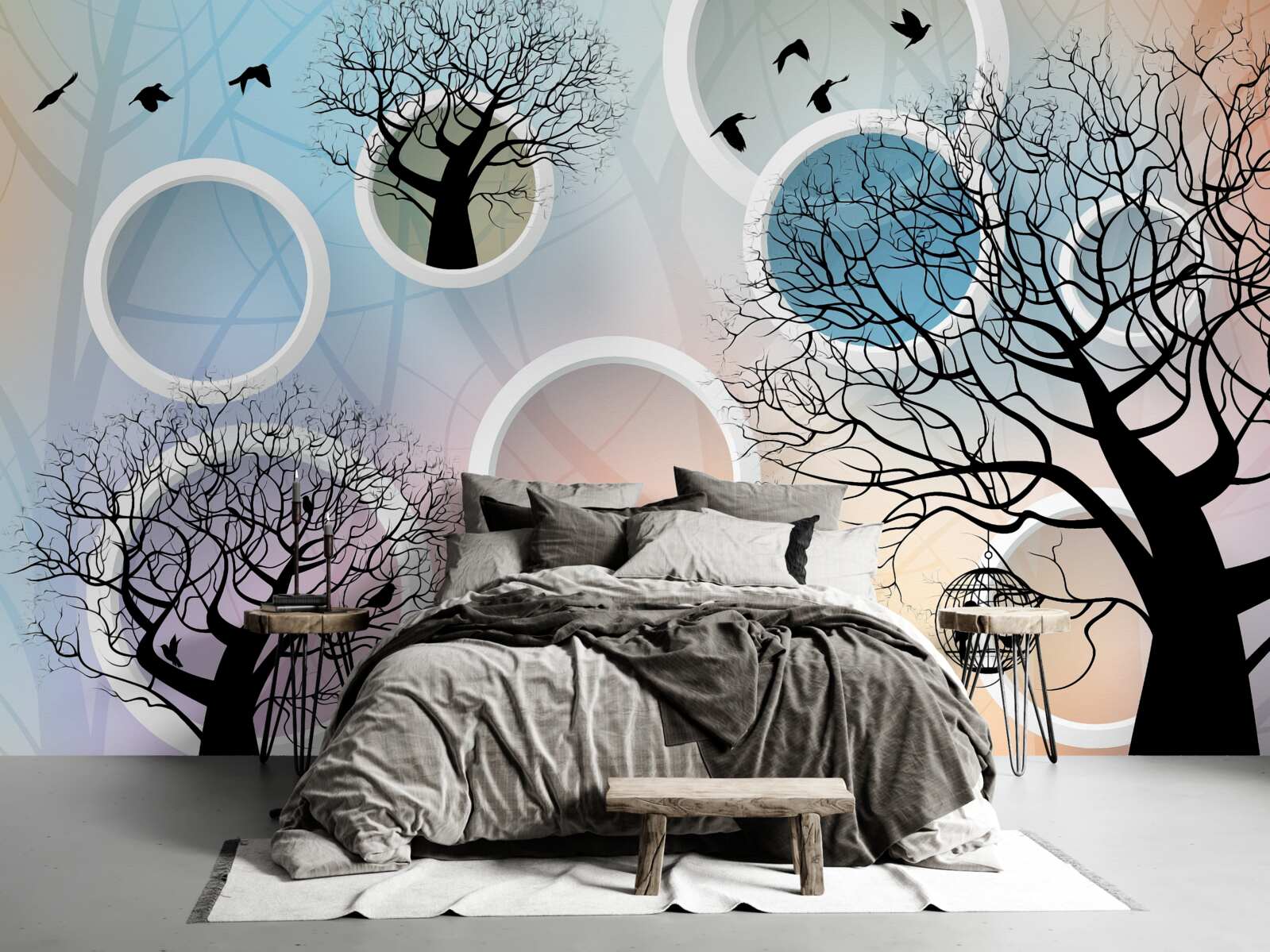 Fotobehang grote verven met veelkleurige bomen en witte cirkels