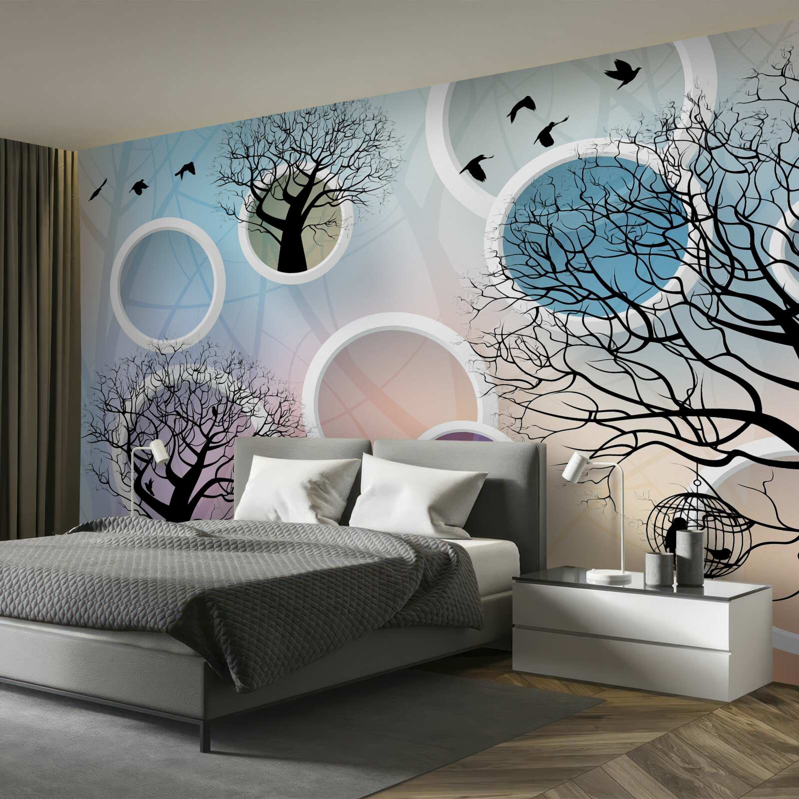 Fotobehang grote verven met veelkleurige bomen en witte cirkels