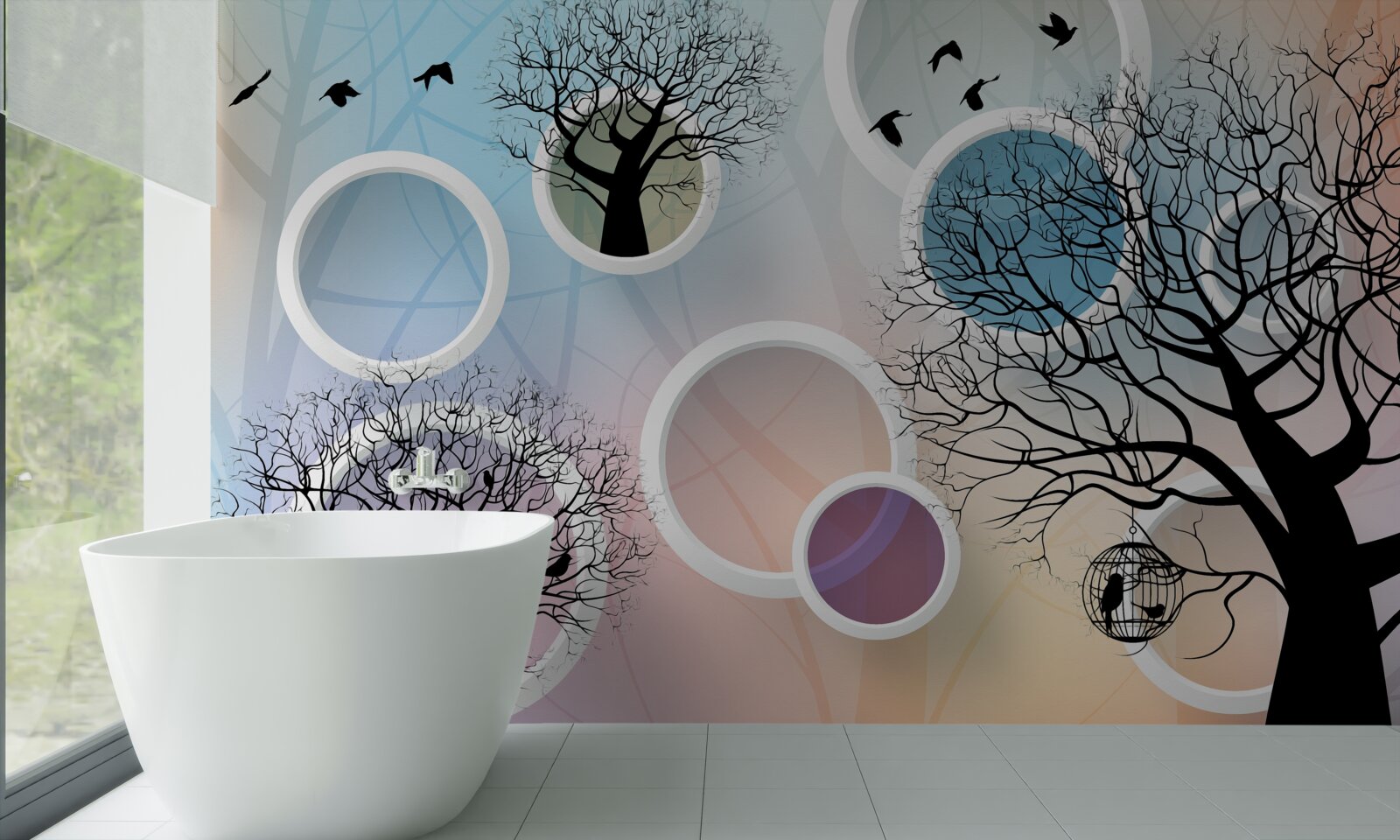 Fotobehang grote verven met veelkleurige bomen en witte cirkels