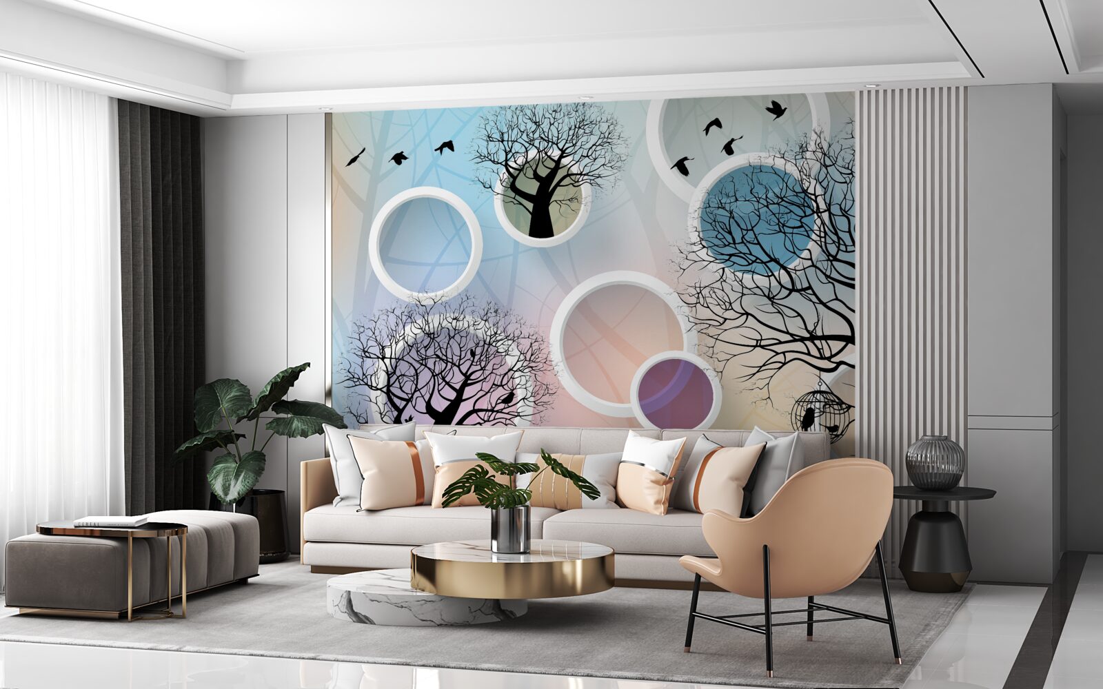 Fotobehang grote verven met veelkleurige bomen en witte cirkels