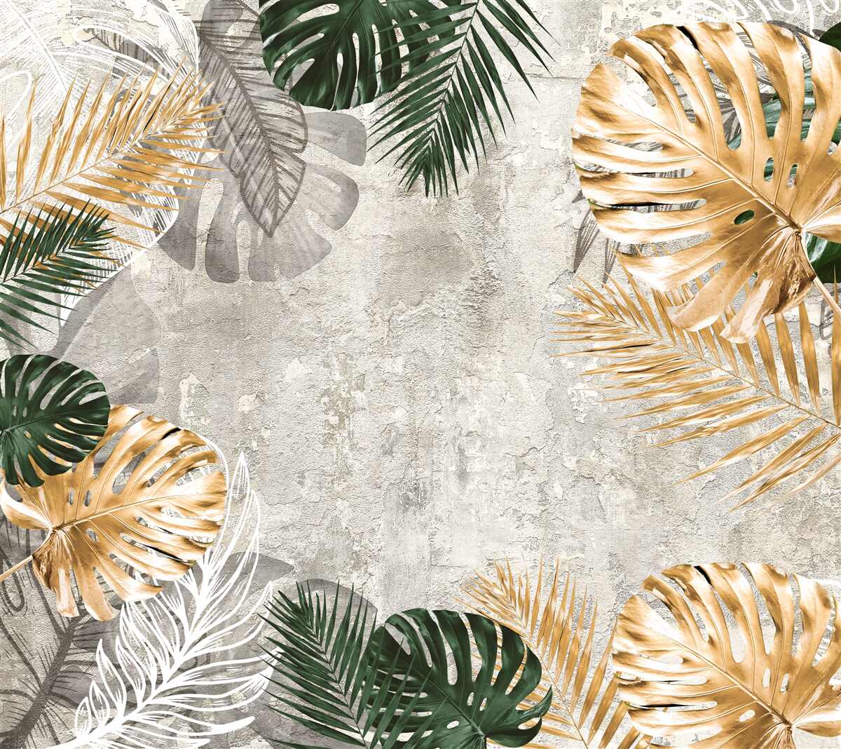 Fotobehang monstera met gouden en groene bladeren