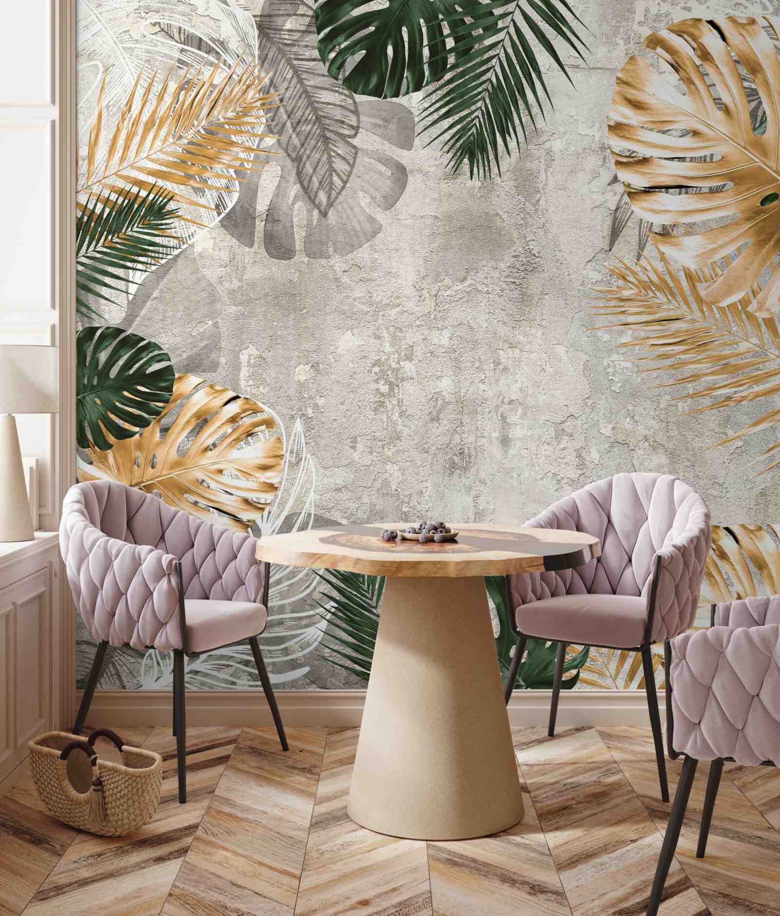 Fotobehang monstera met gouden en groene bladeren