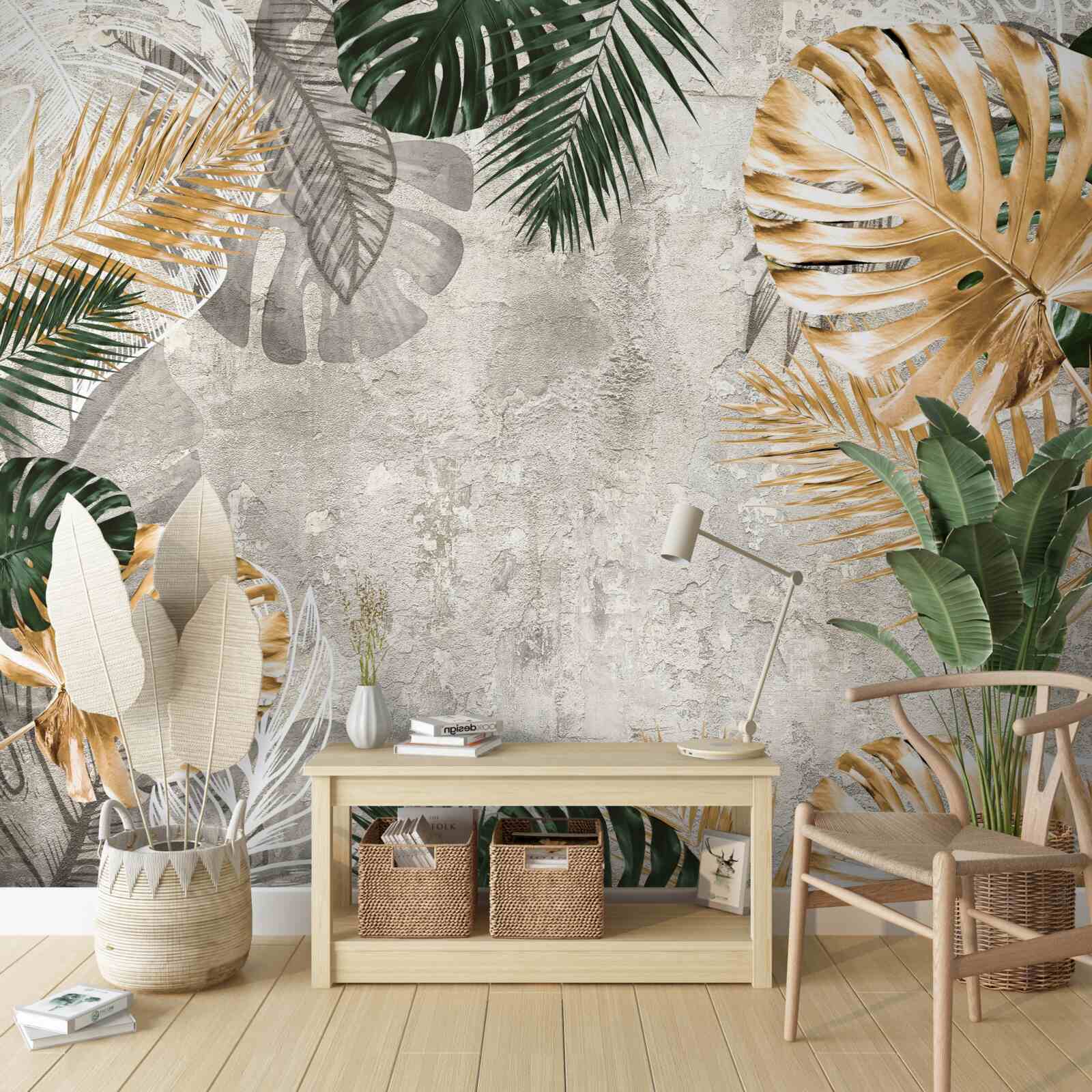 Fotobehang monstera met gouden en groene bladeren