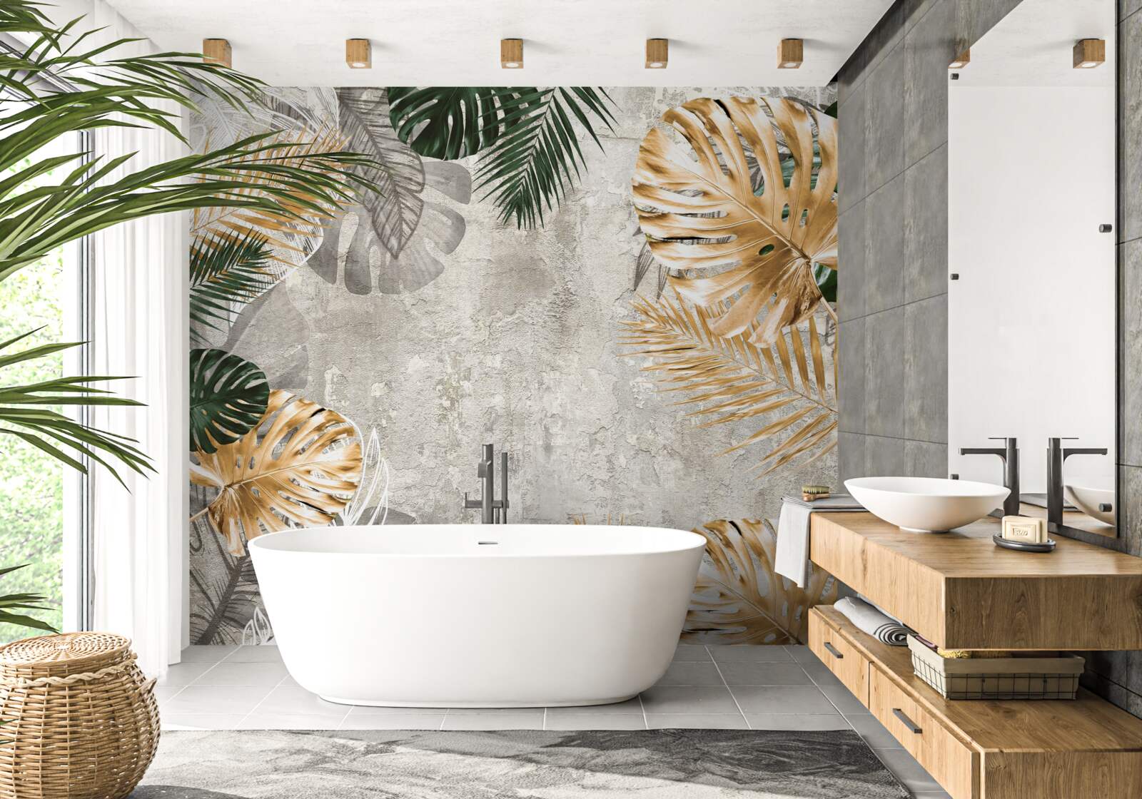 Fotobehang monstera met gouden en groene bladeren