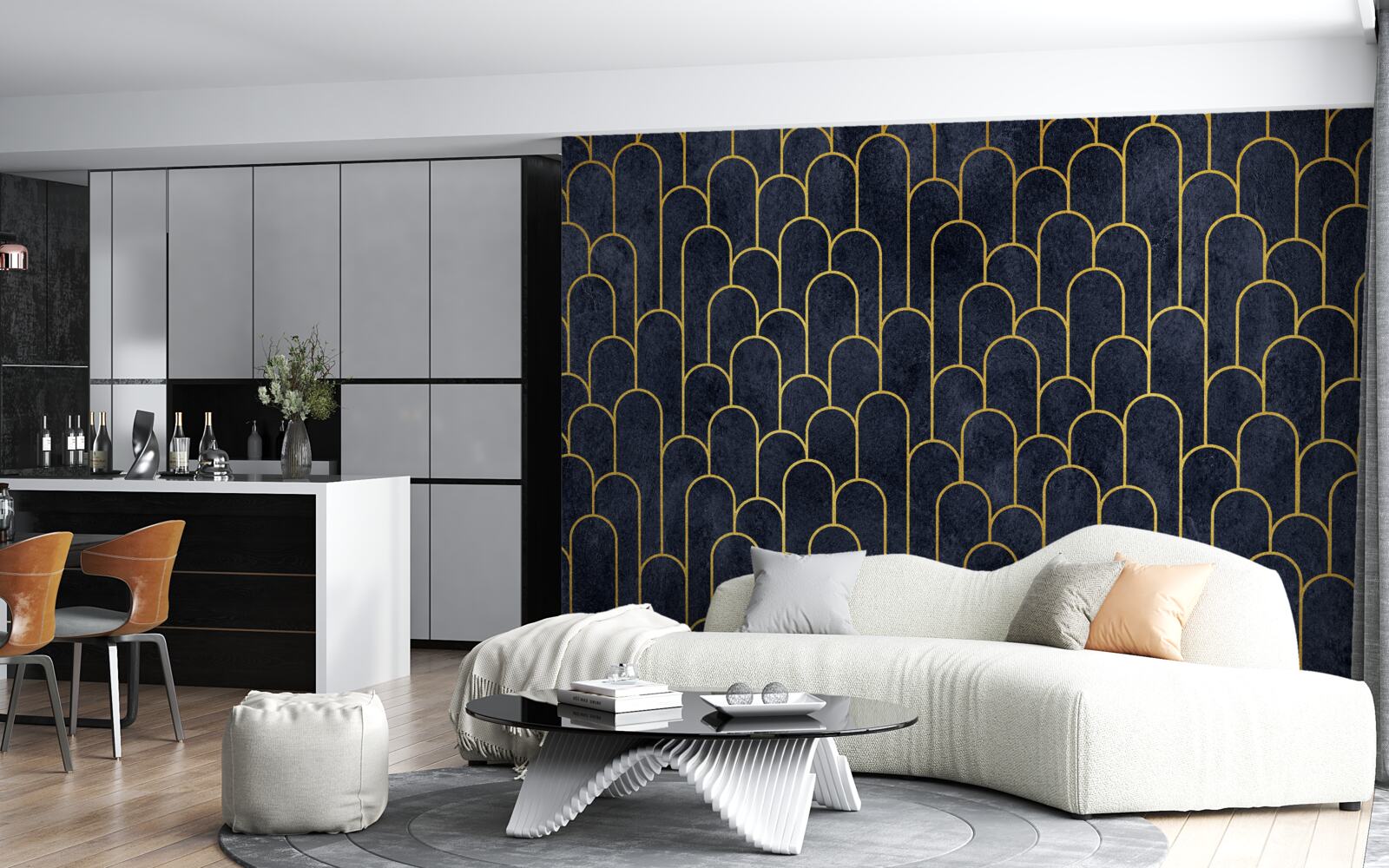 Fotobehang blauwe halfronde bronzen zuilen