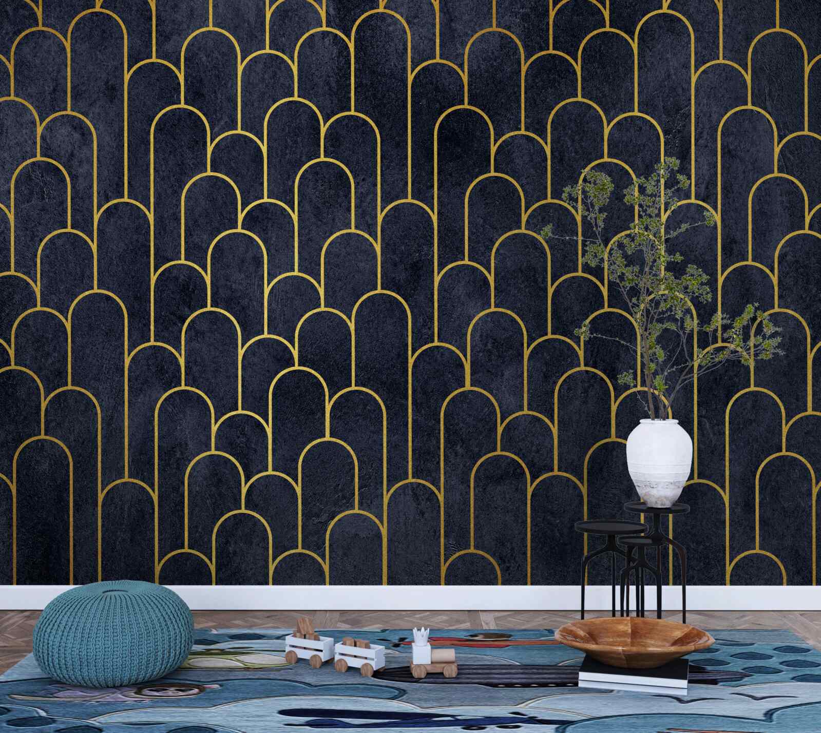 Fotobehang blauwe halfronde bronzen zuilen