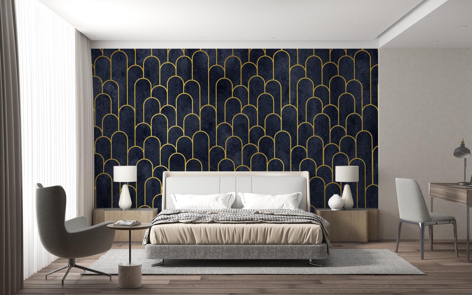 Fotobehang blauwe halfronde bronzen zuilen