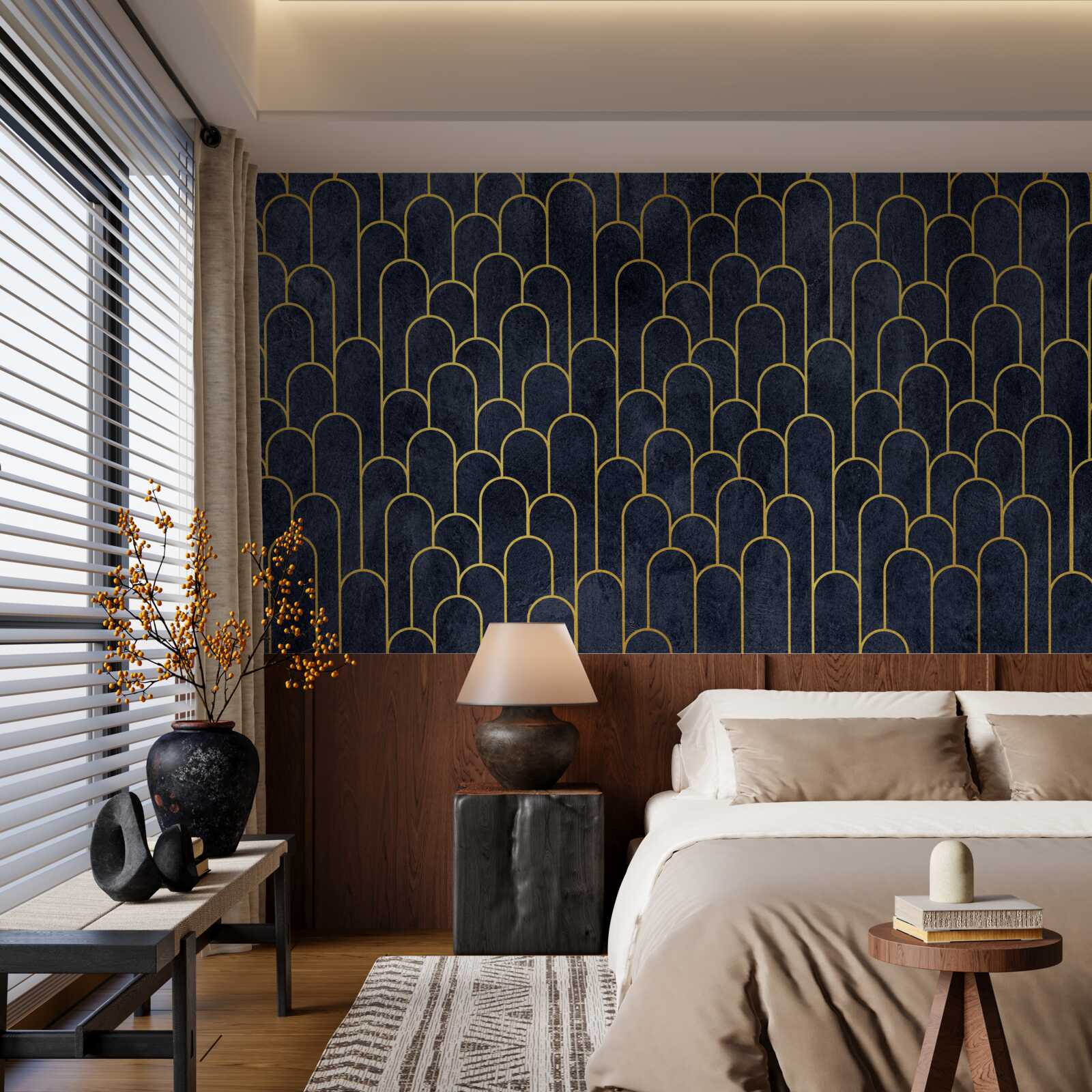 Fotobehang blauwe halfronde bronzen zuilen