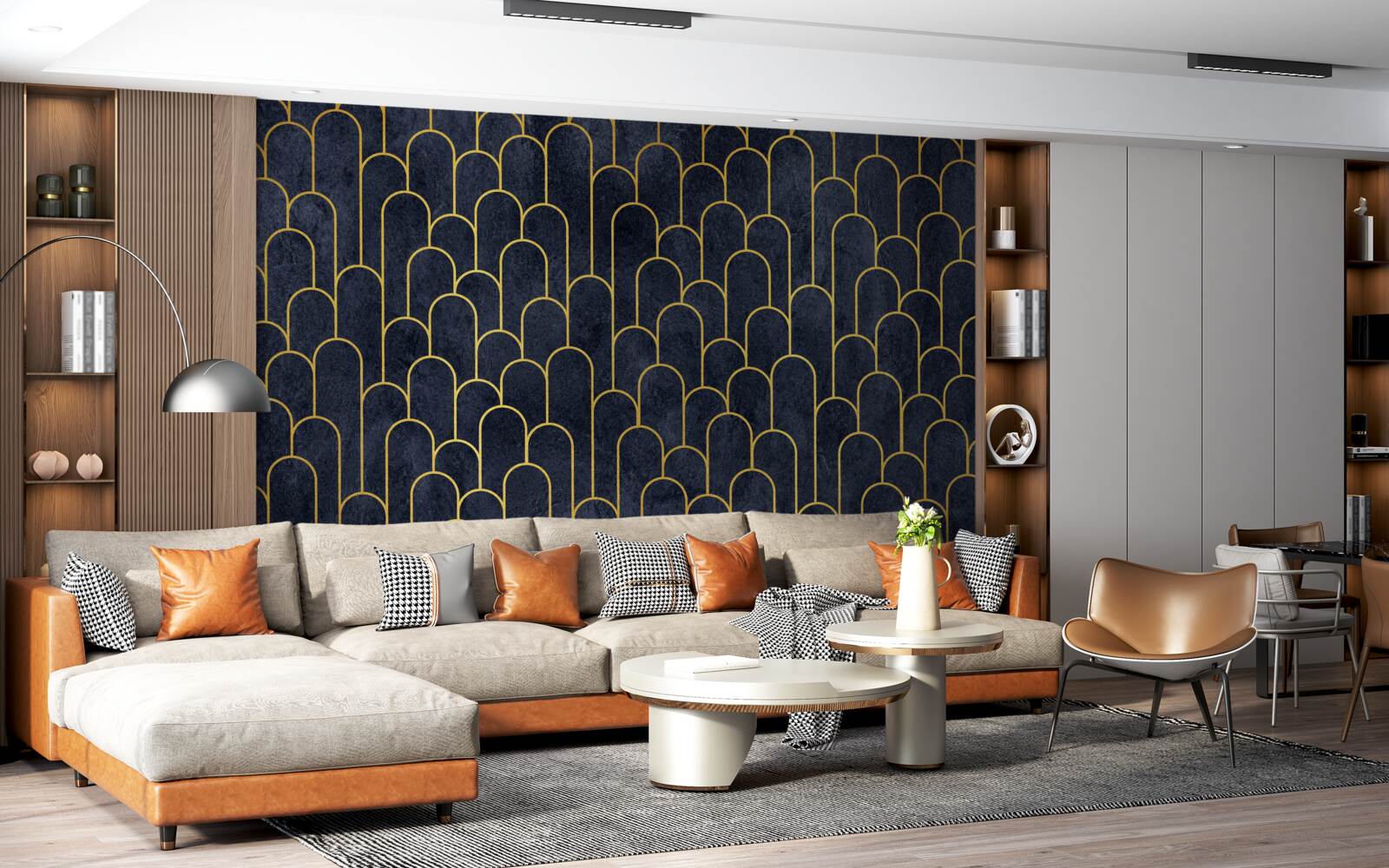 Fotobehang blauwe halfronde bronzen zuilen