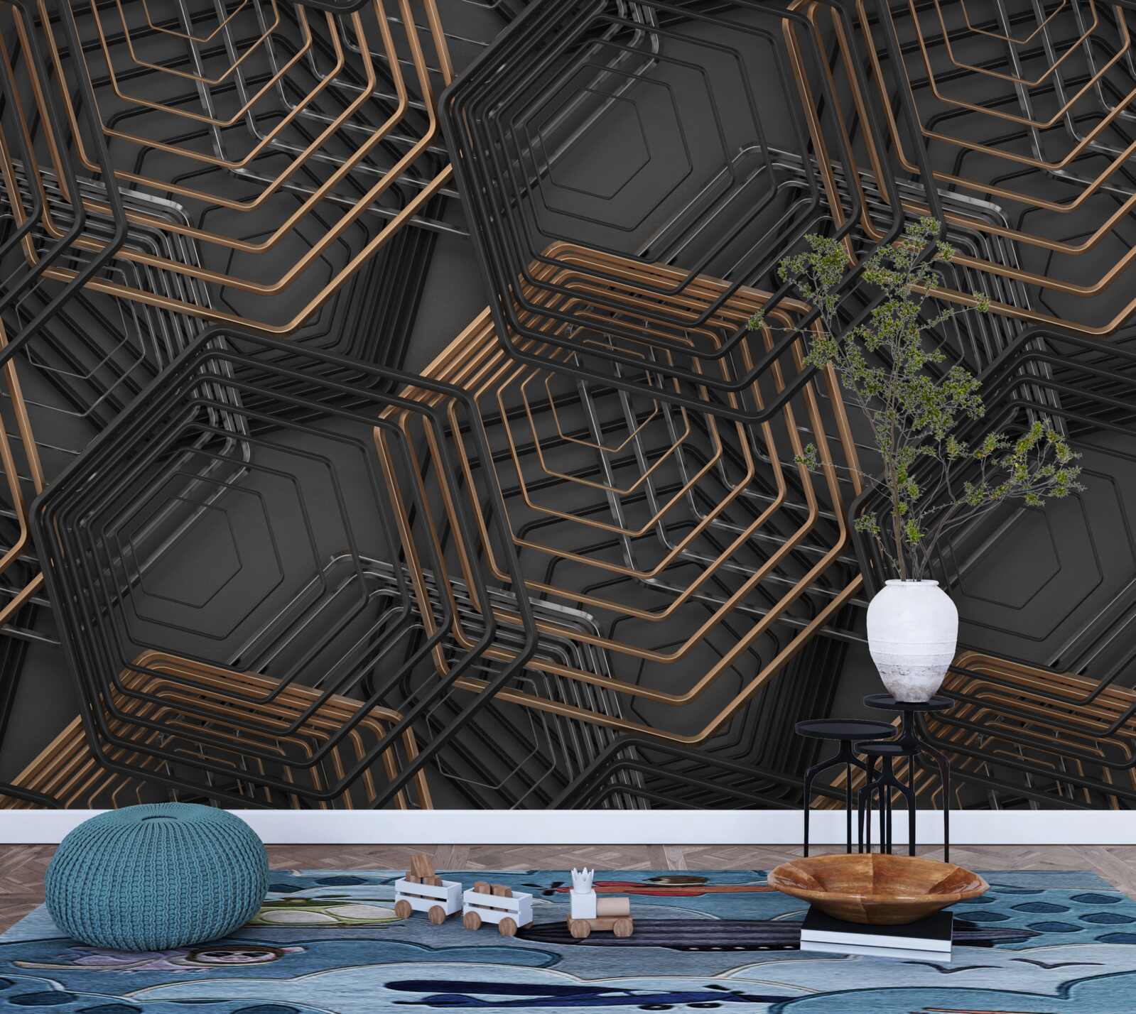 Fotobehang zwarte en bruine vijfhoeken met rasterstructuur