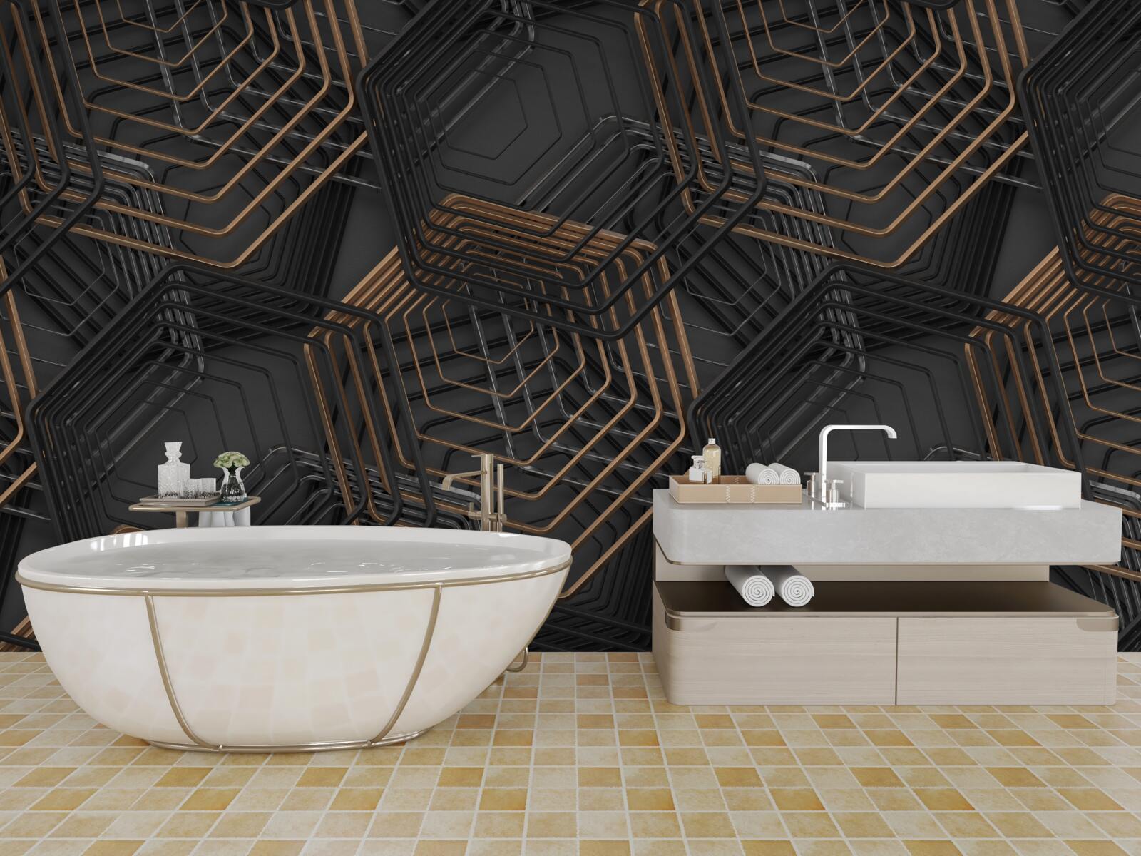 Fotobehang zwarte en bruine vijfhoeken met rasterstructuur