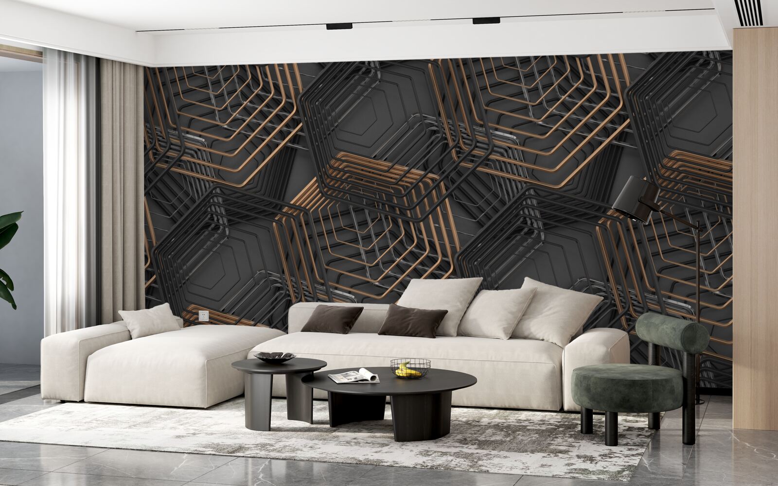 Fotobehang zwarte en bruine vijfhoeken met rasterstructuur