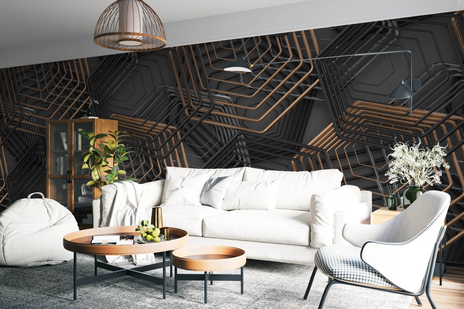 Fotobehang zwarte en bruine vijfhoeken met rasterstructuur