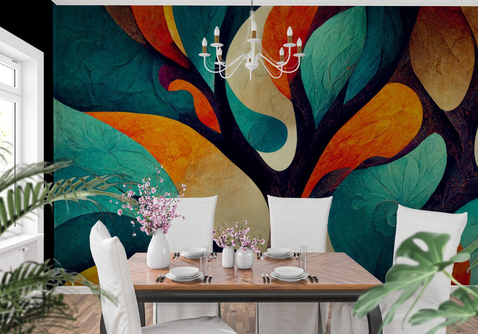 Fotobehang abstractie van een herfstboom in een veld