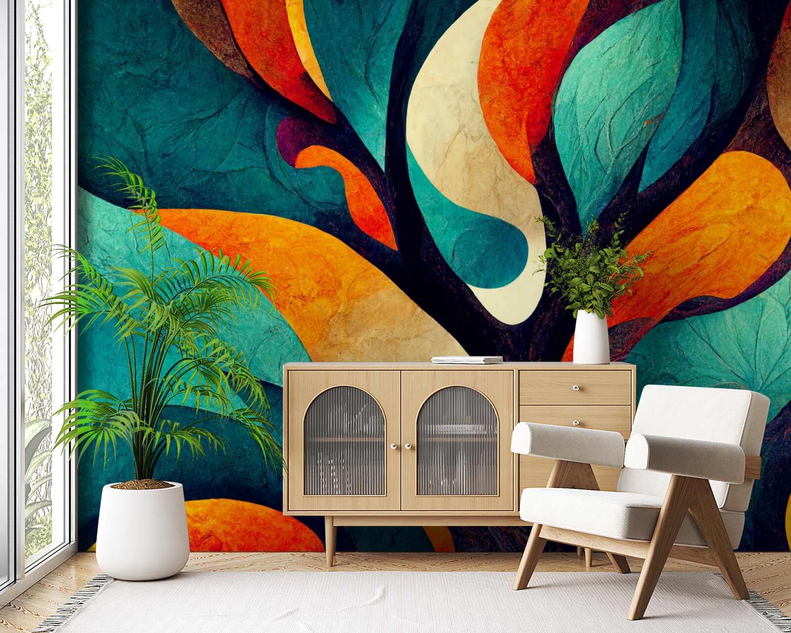 Fotobehang abstractie van een herfstboom in een veld