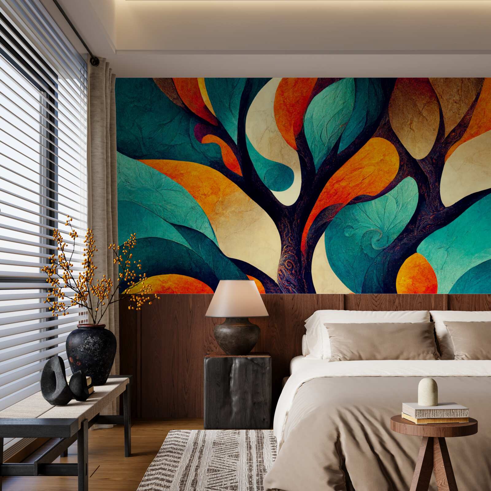 Fotobehang abstractie van een herfstboom in een veld