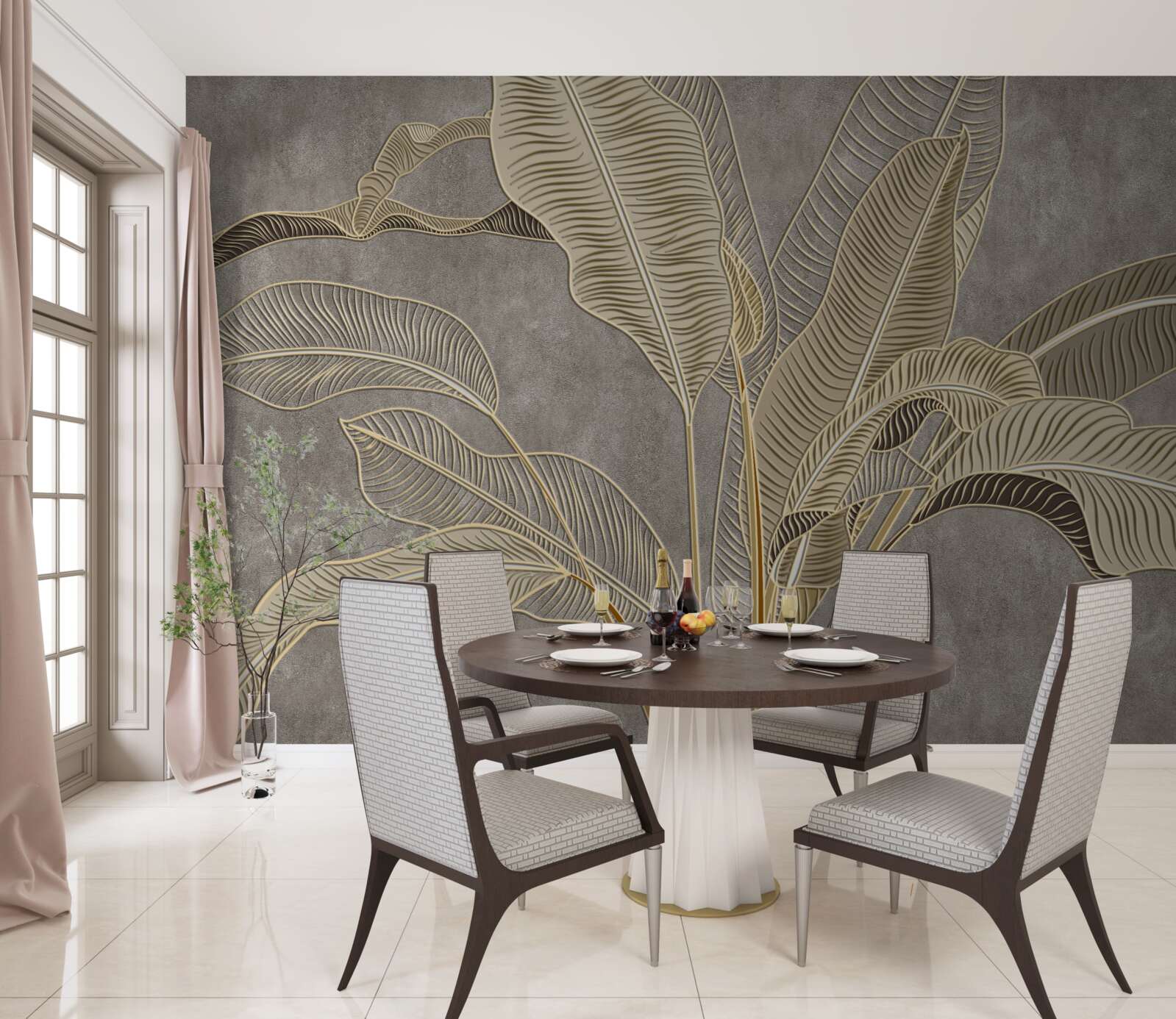 Fotobehang bruine bladeren op een grijze achtergrond