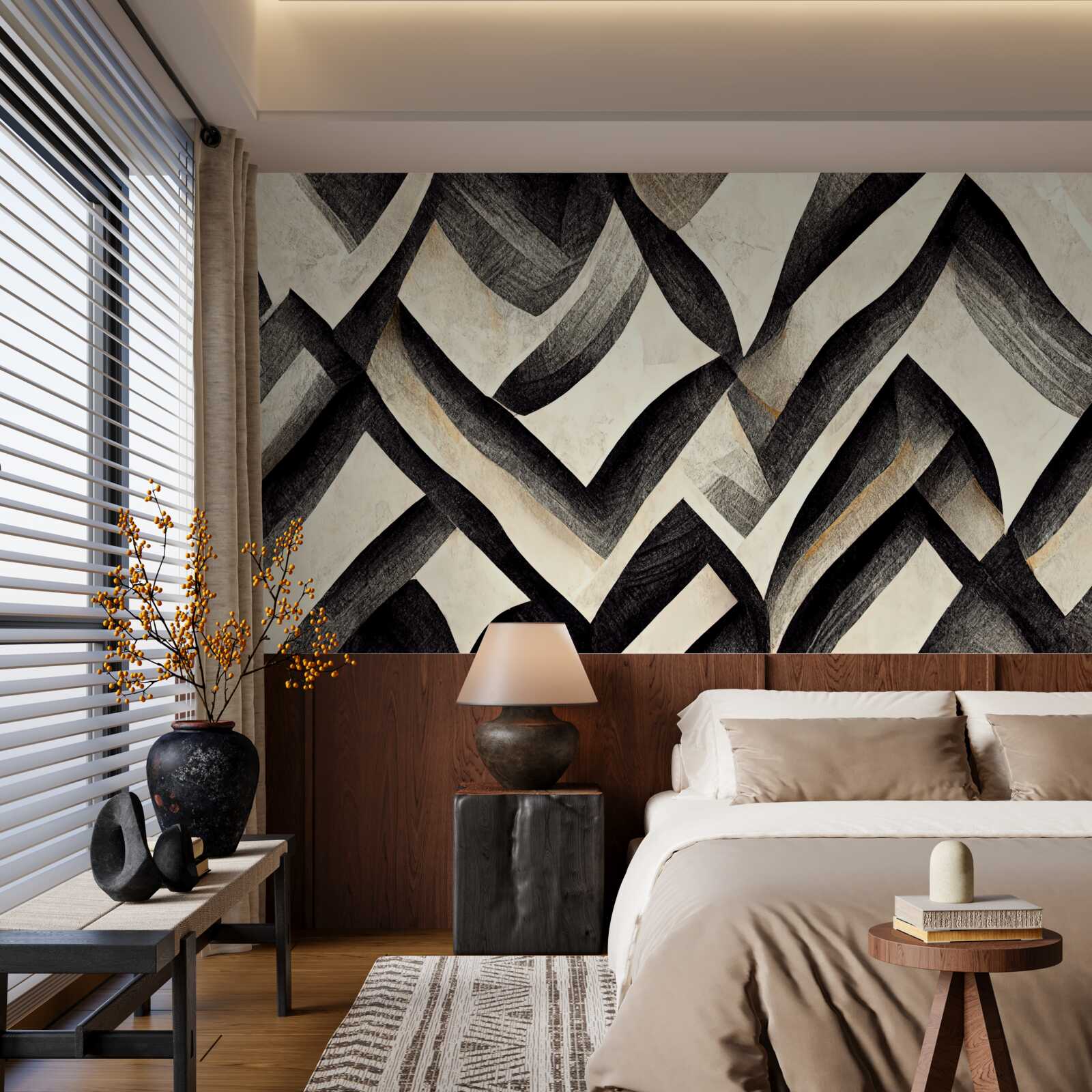 Fotobehang zwarte bergen gehuld in mist