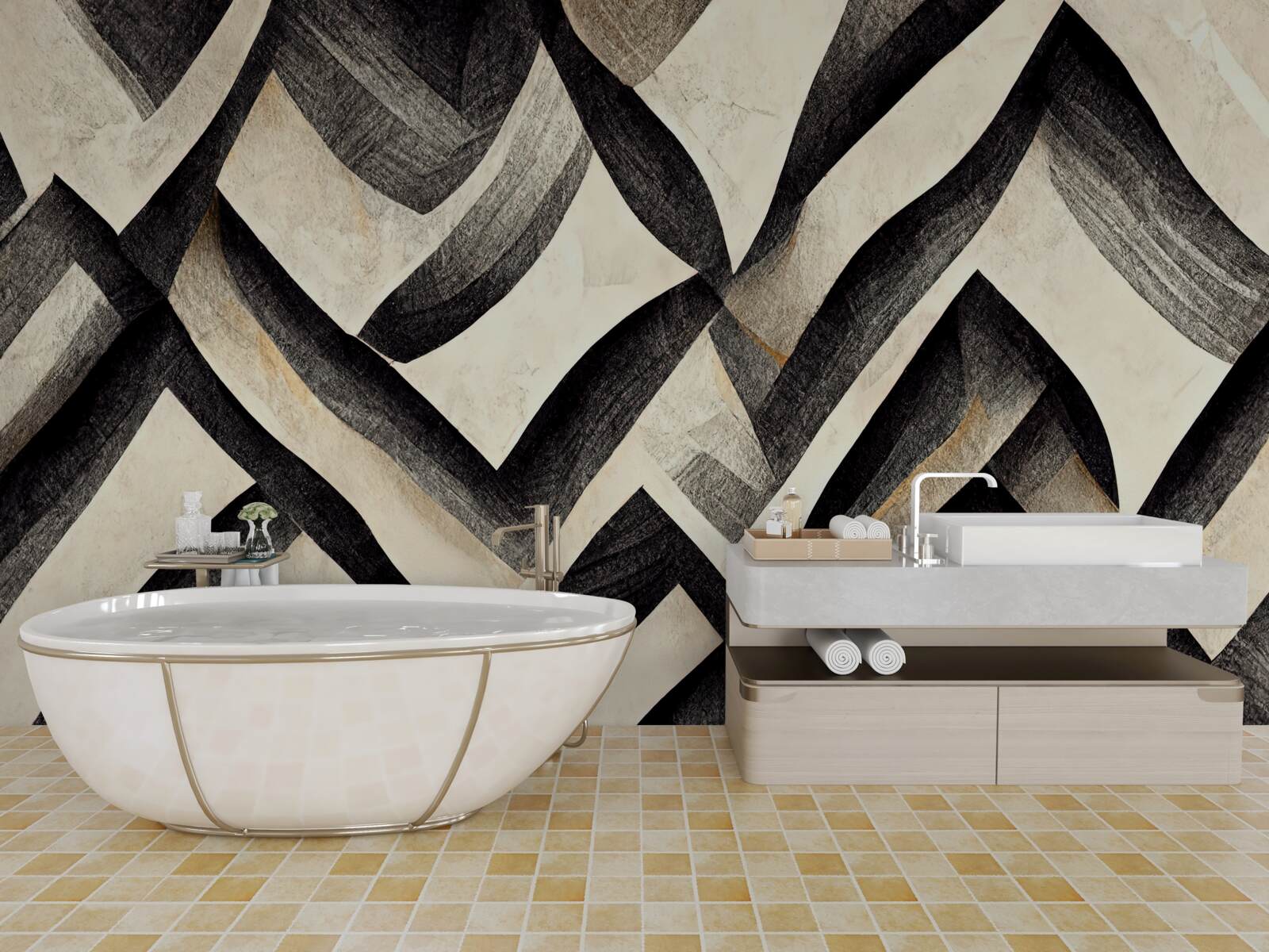 Fotobehang zwarte bergen gehuld in mist