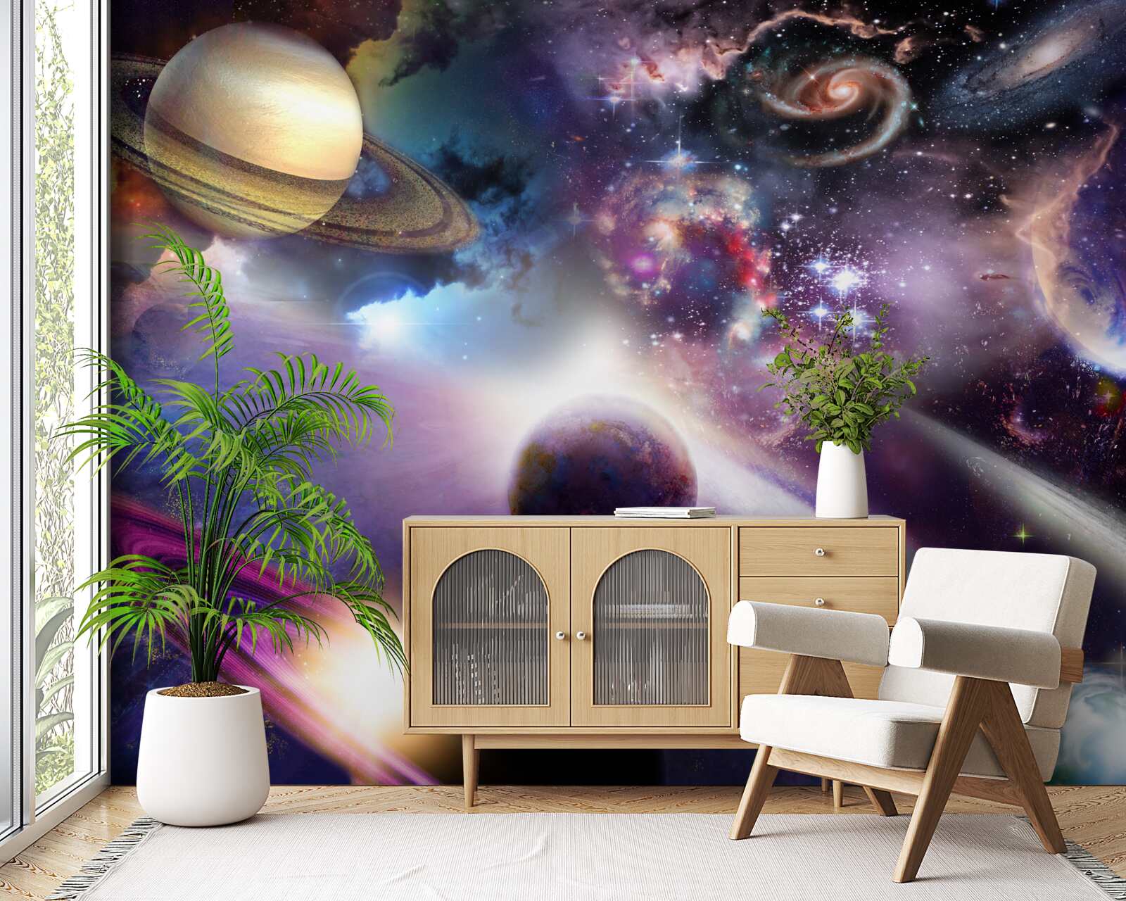 Fotobehang de ruimte is oneindig en vol heldere planeten