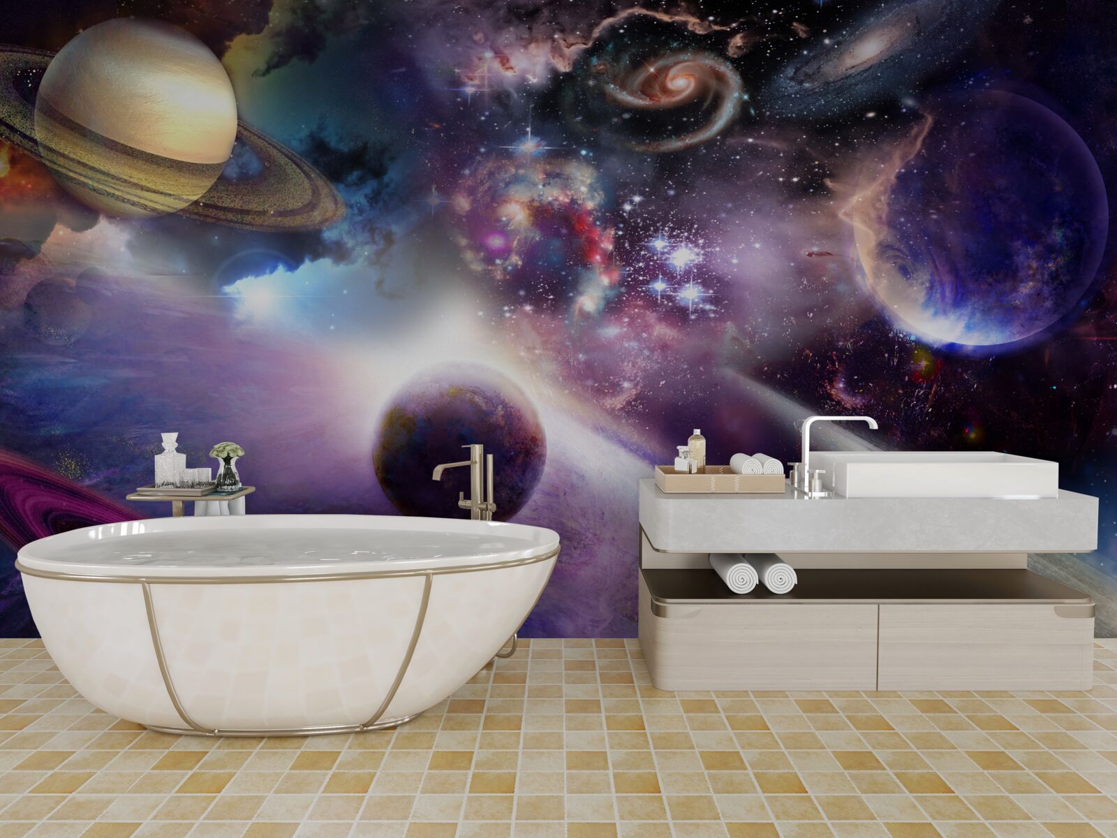 Fotobehang de ruimte is oneindig en vol heldere planeten