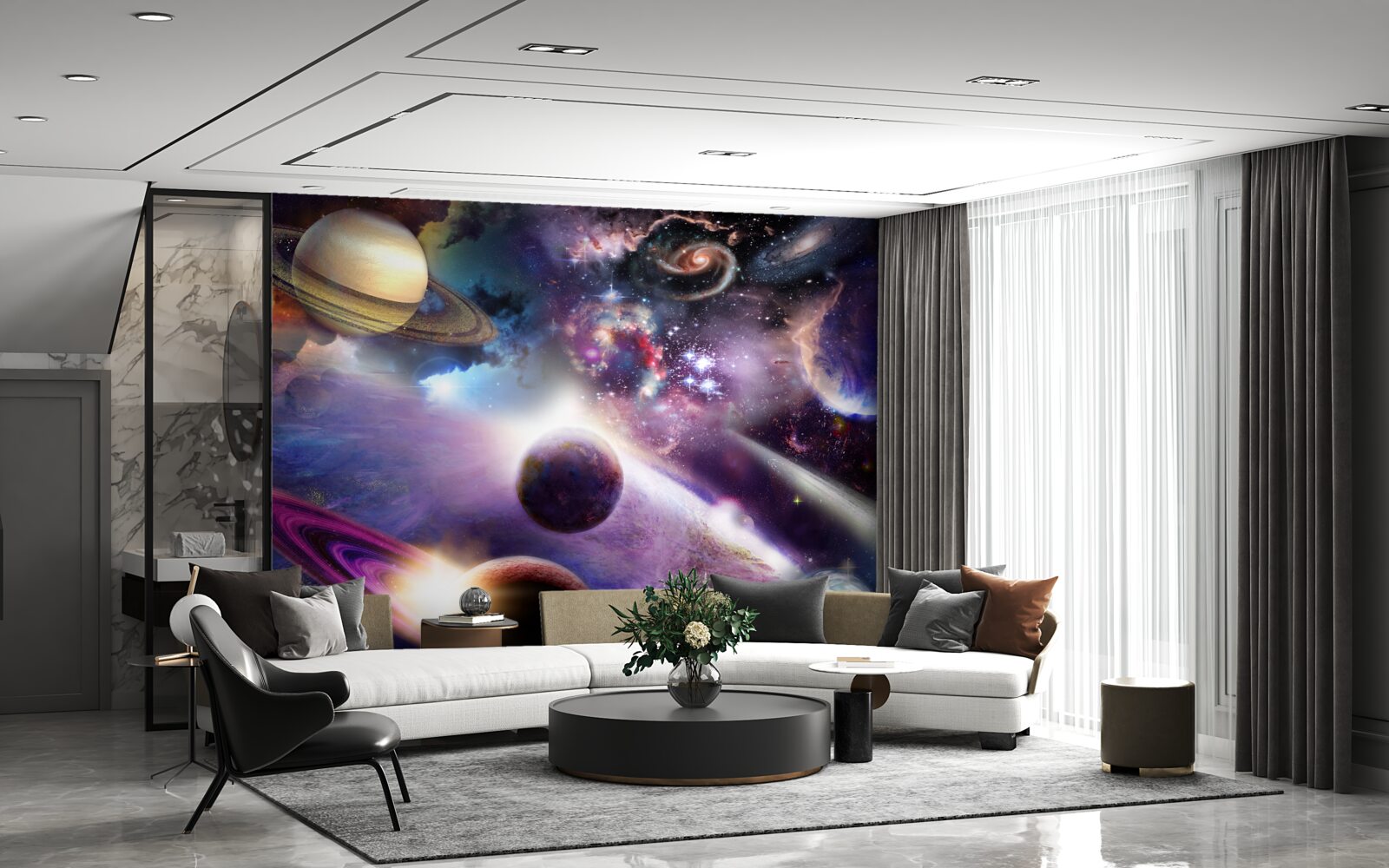 Fotobehang de ruimte is oneindig en vol heldere planeten