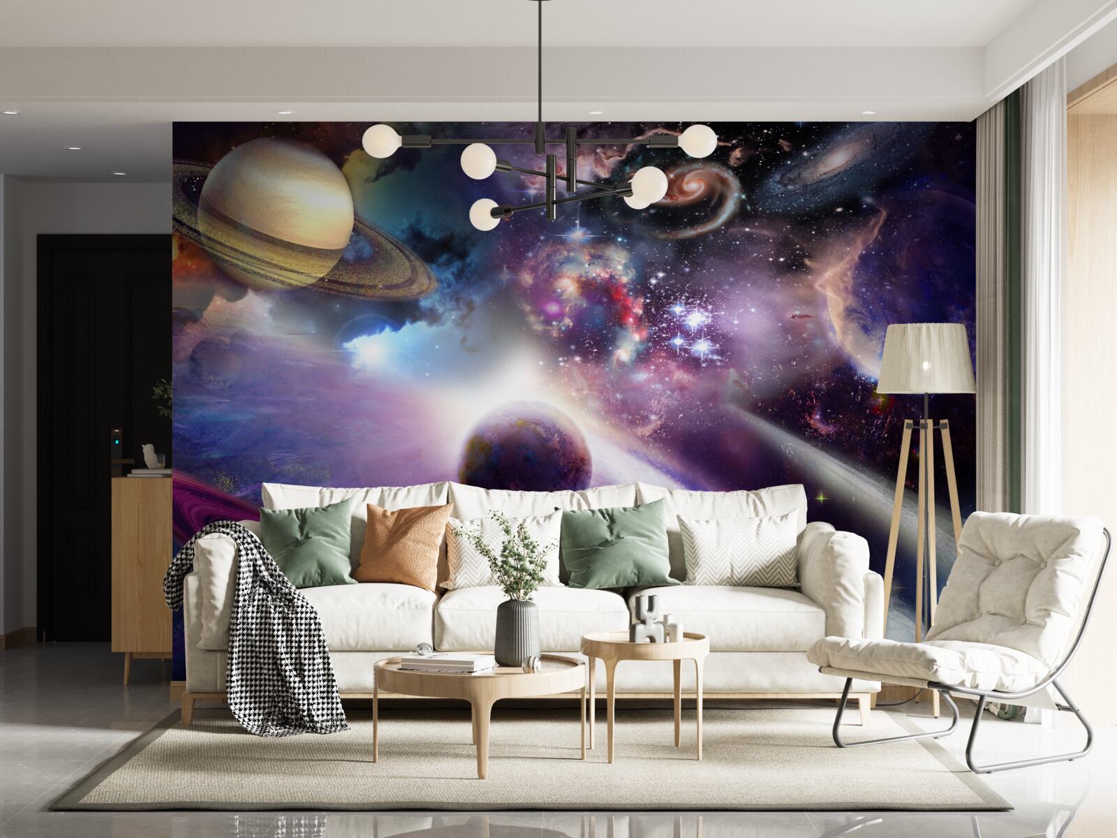 Fotobehang de ruimte is oneindig en vol heldere planeten