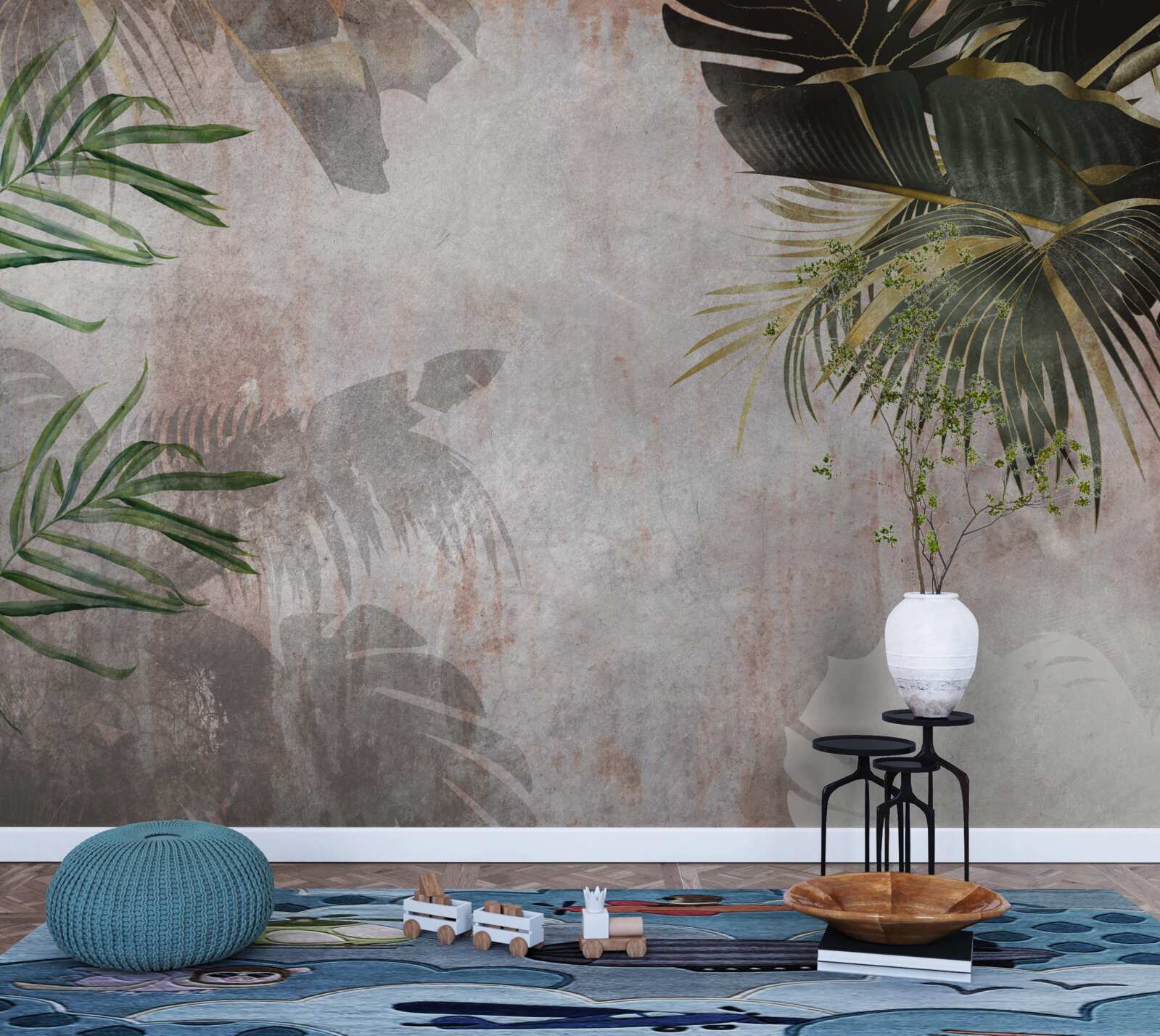 Fotobehang mistig oerwouddek omwikkeld met bladeren