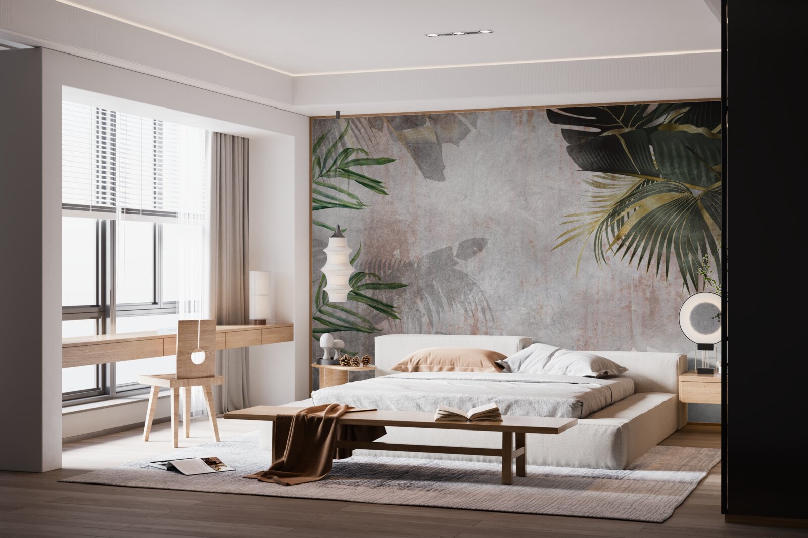 Fotobehang mistig oerwouddek omwikkeld met bladeren