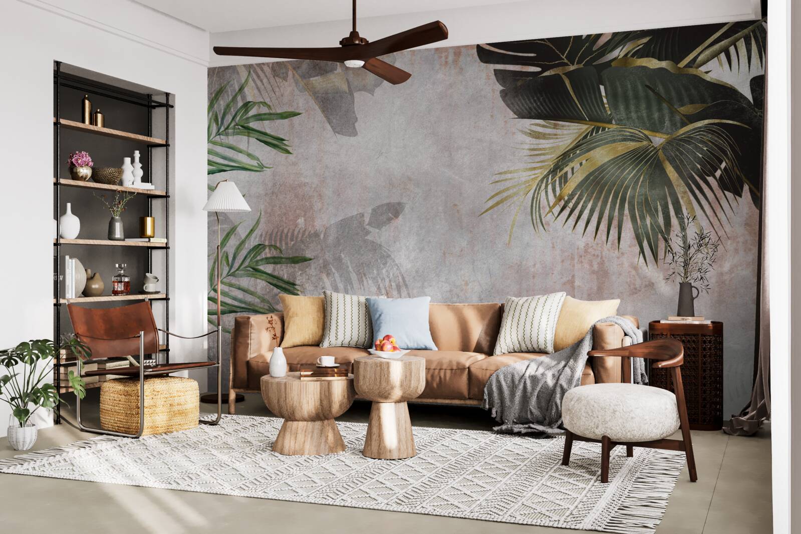 Fotobehang mistig oerwouddek omwikkeld met bladeren