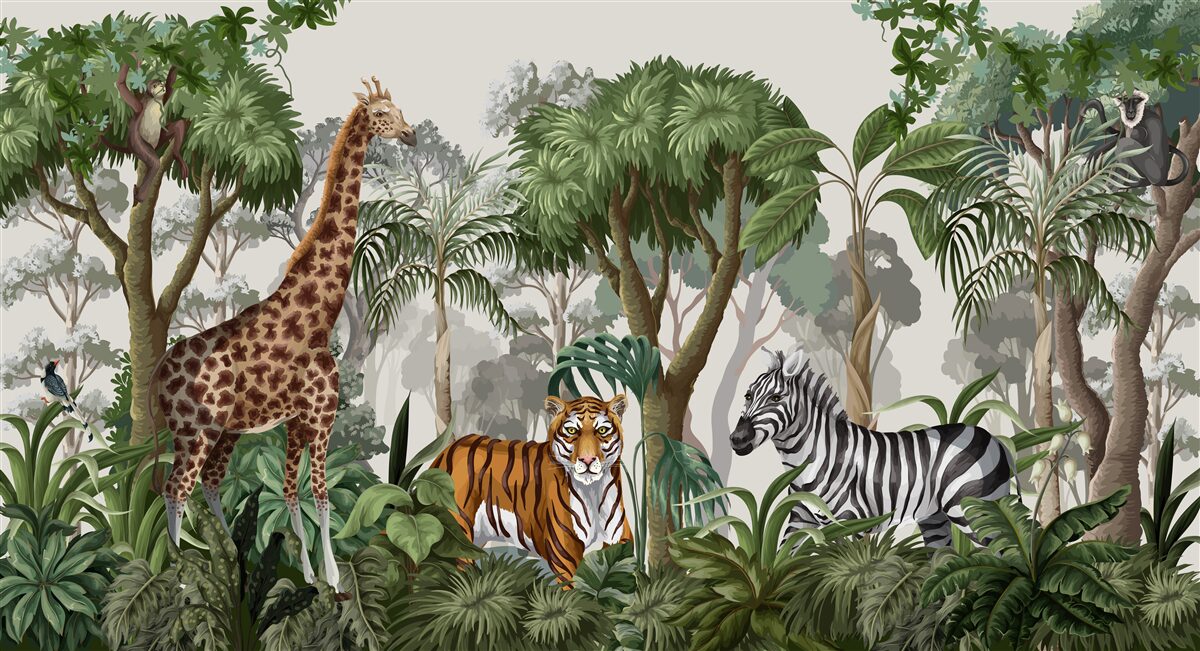 Fotobehang dieren van afrika in een bosomgeving