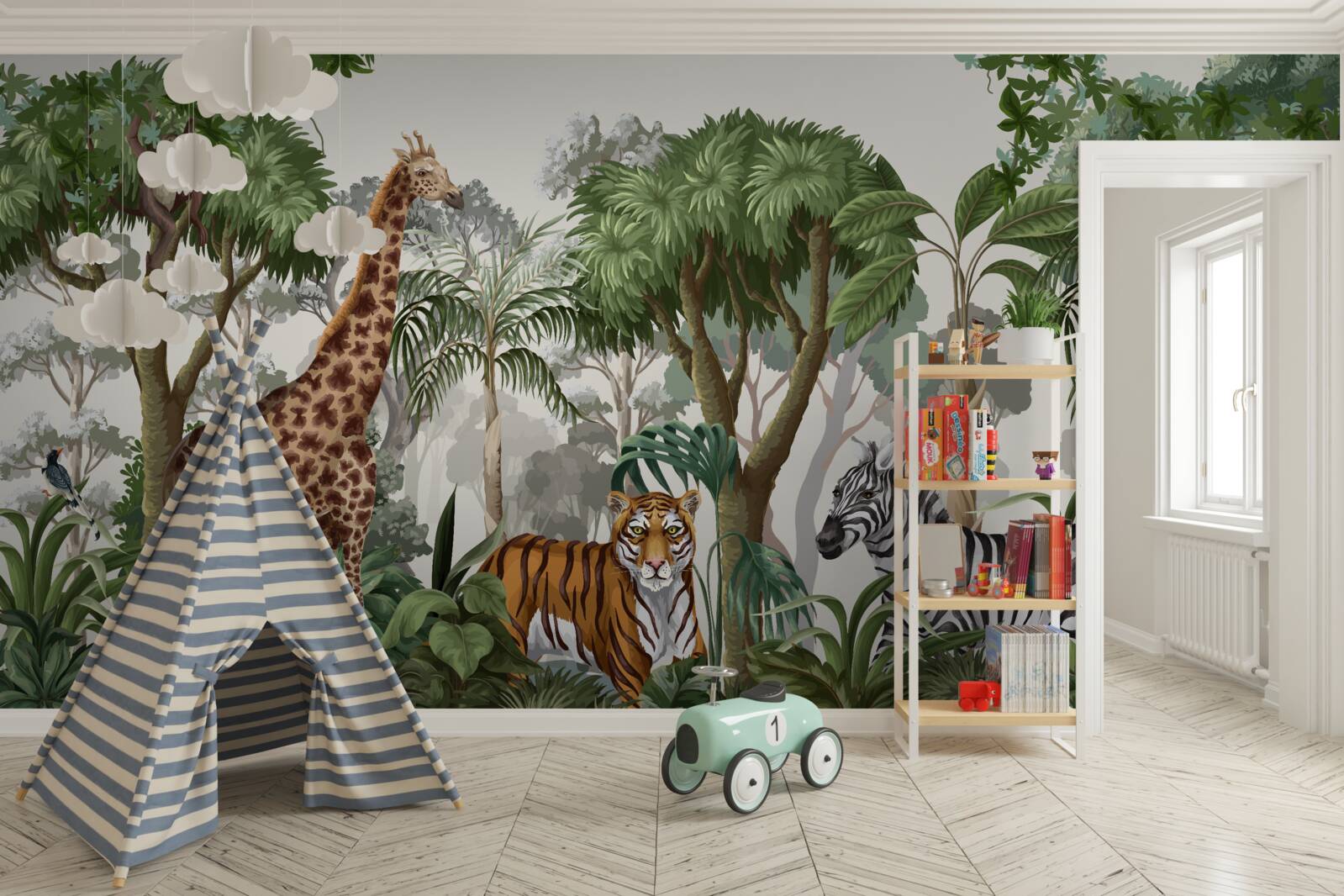 Fotobehang dieren van afrika in een bosomgeving