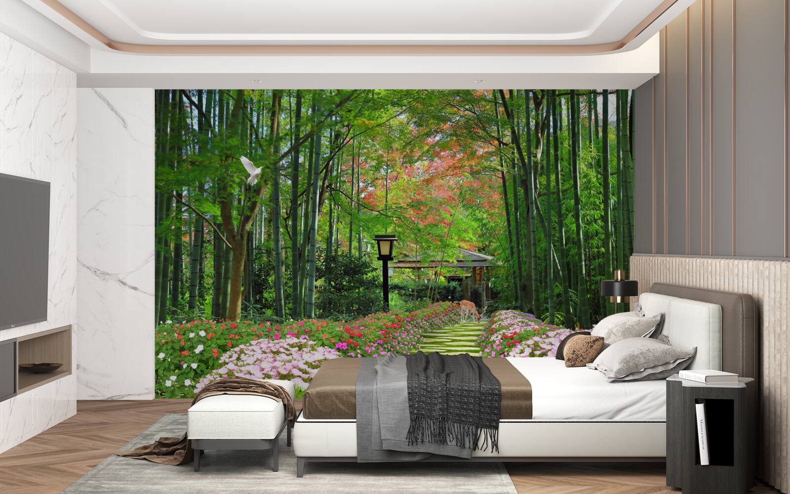 Fotobehang foto van een bos met groen en een pad