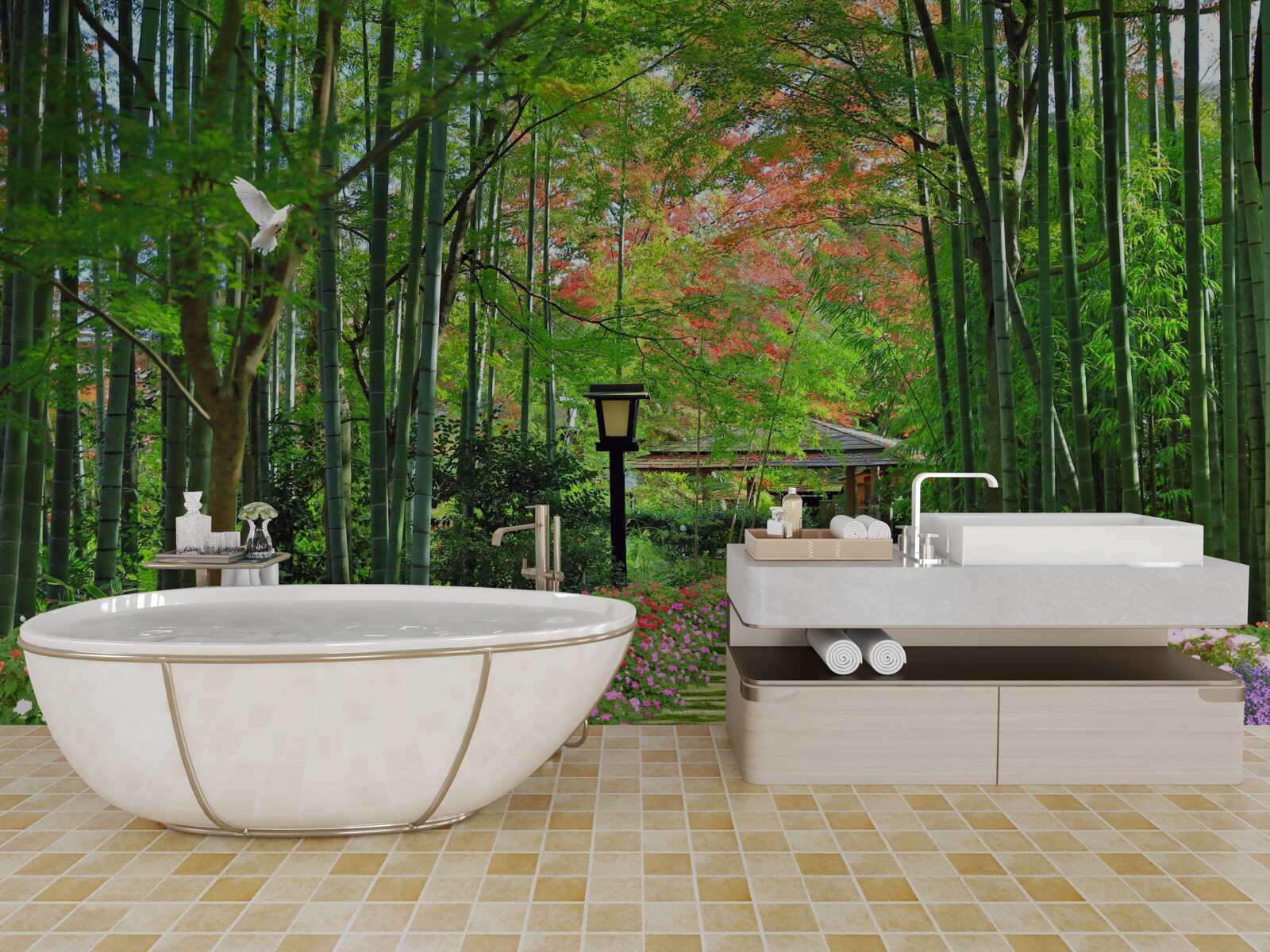 Fotobehang foto van een bos met groen en een pad