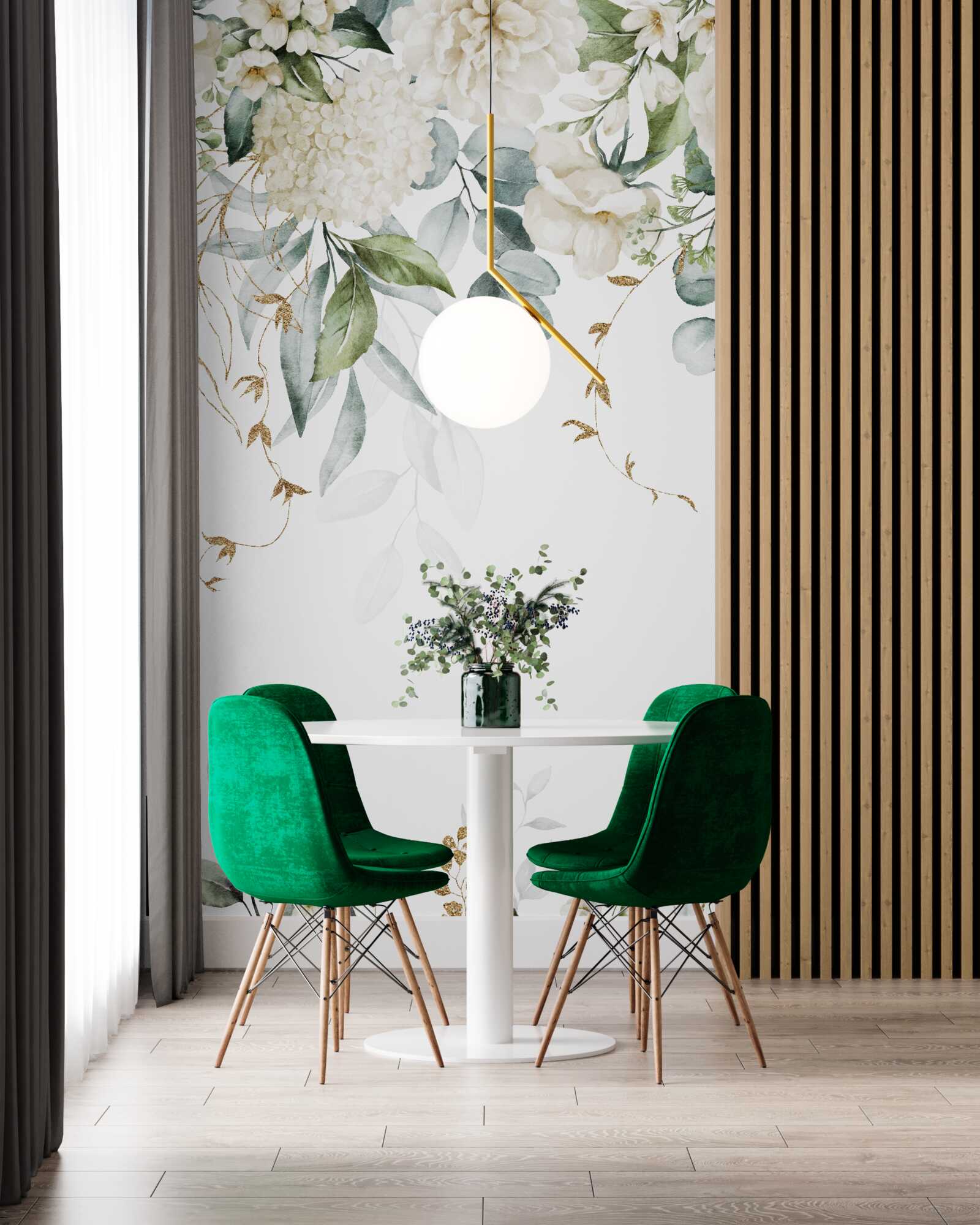 Fotobehang heldere rozen en bleke seringen