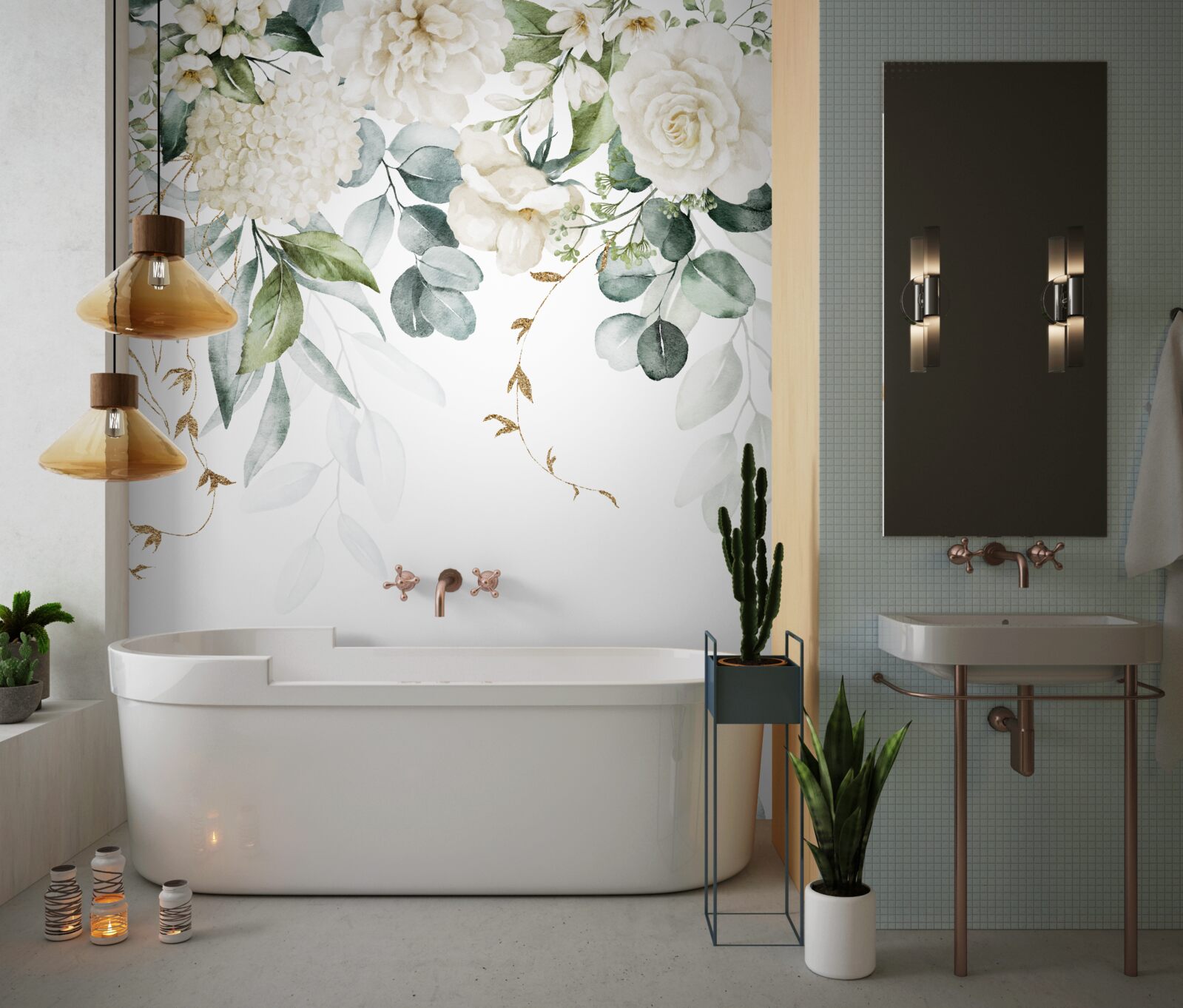 Fotobehang heldere rozen en bleke seringen