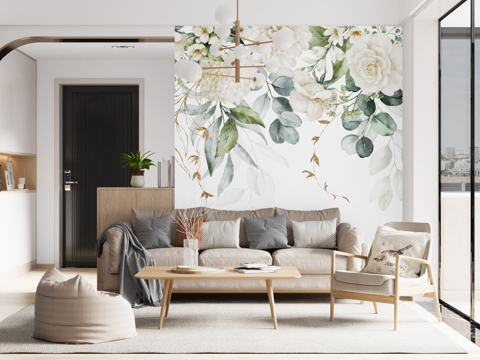 Fotobehang heldere rozen en bleke seringen