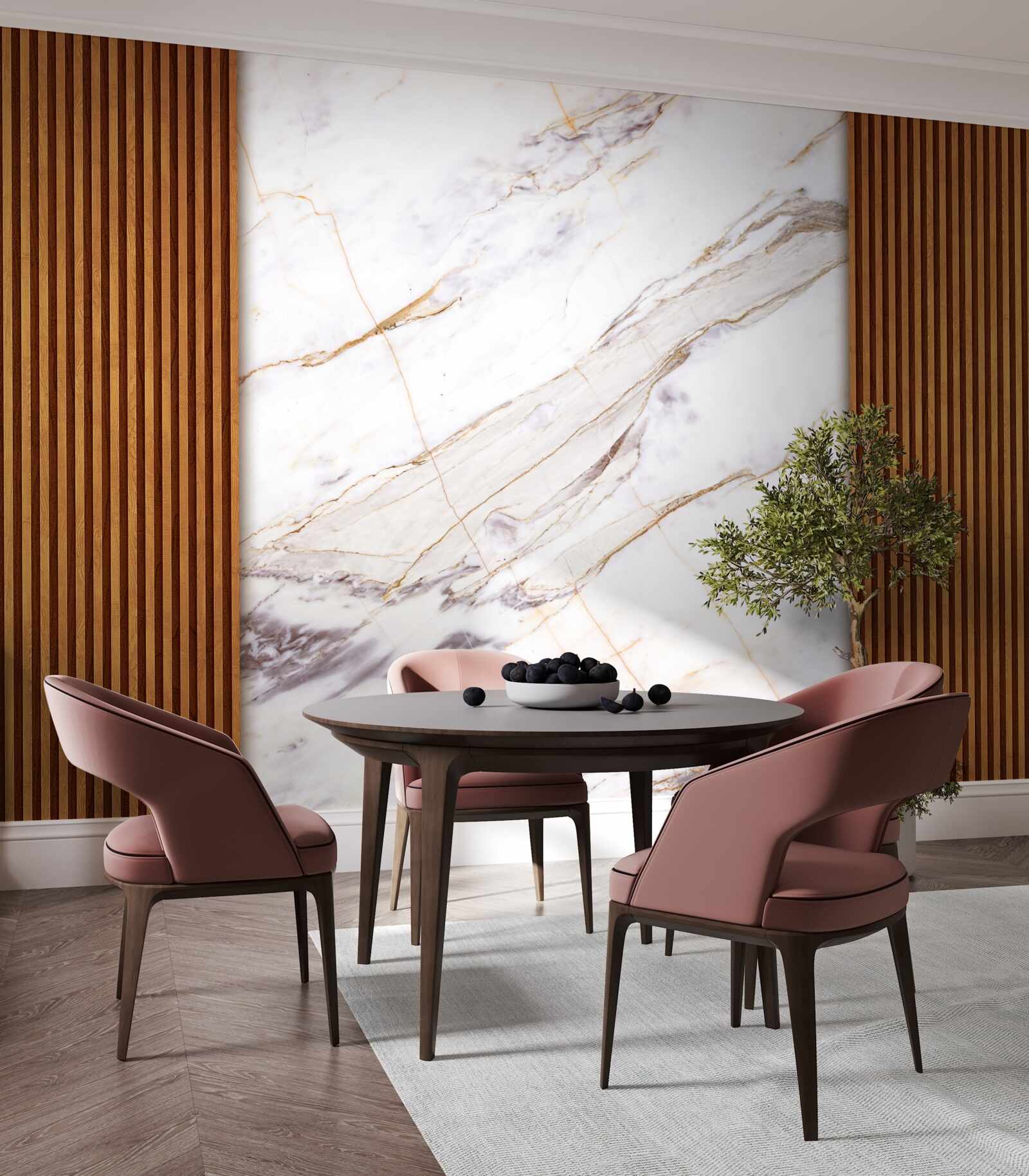 Fotobehang hout versierd met wit marmer