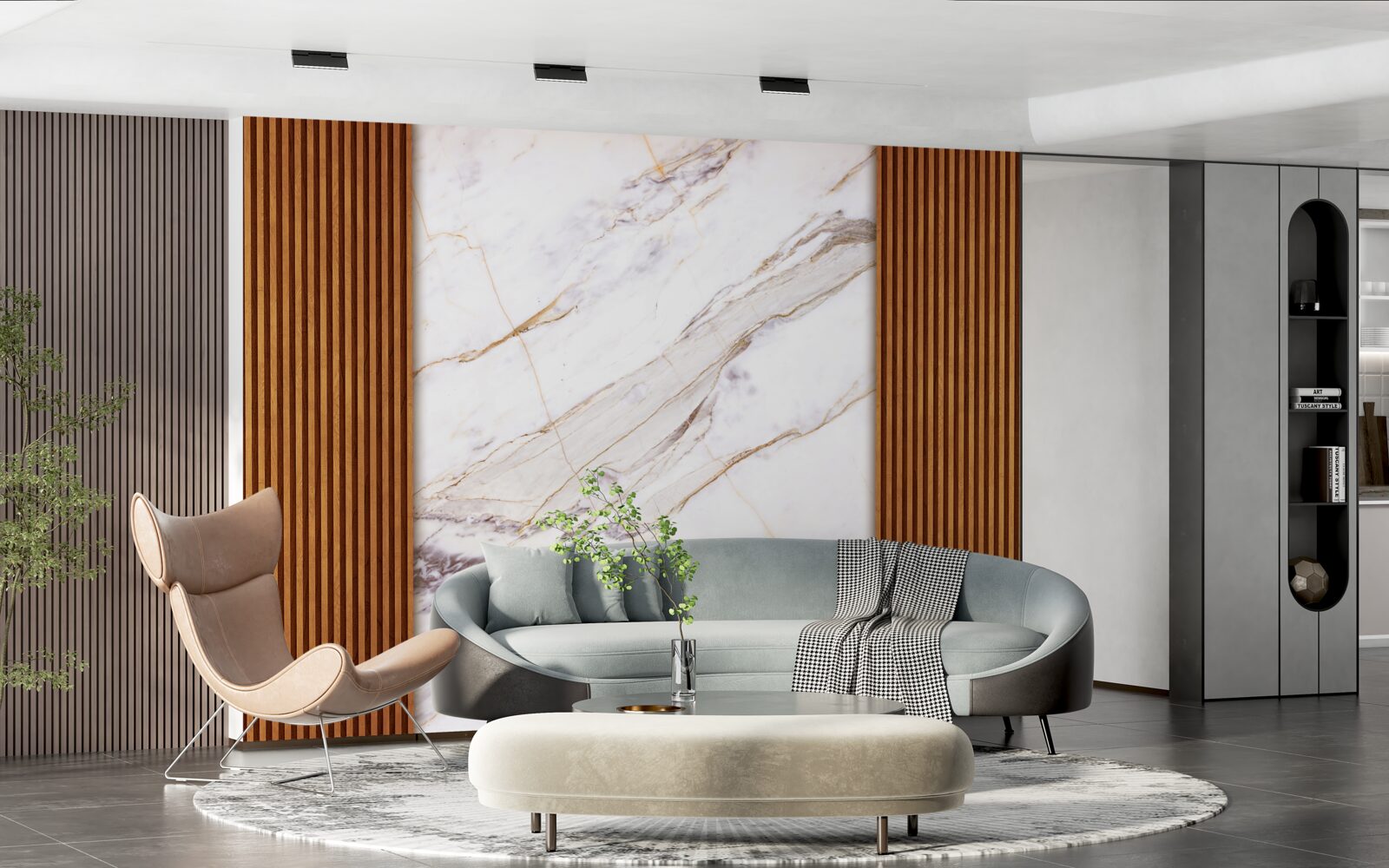 Fotobehang hout versierd met wit marmer