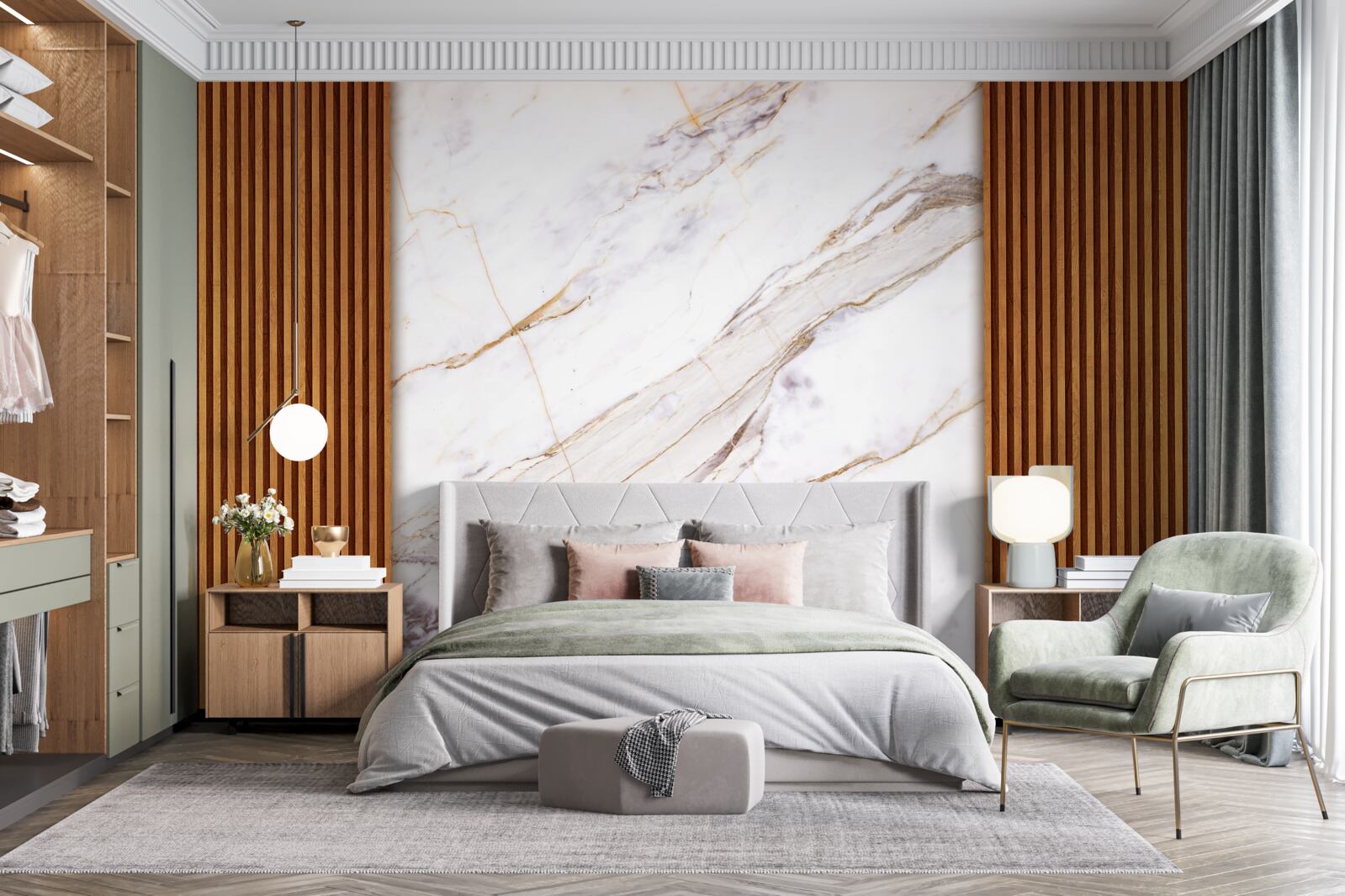 Fotobehang hout versierd met wit marmer