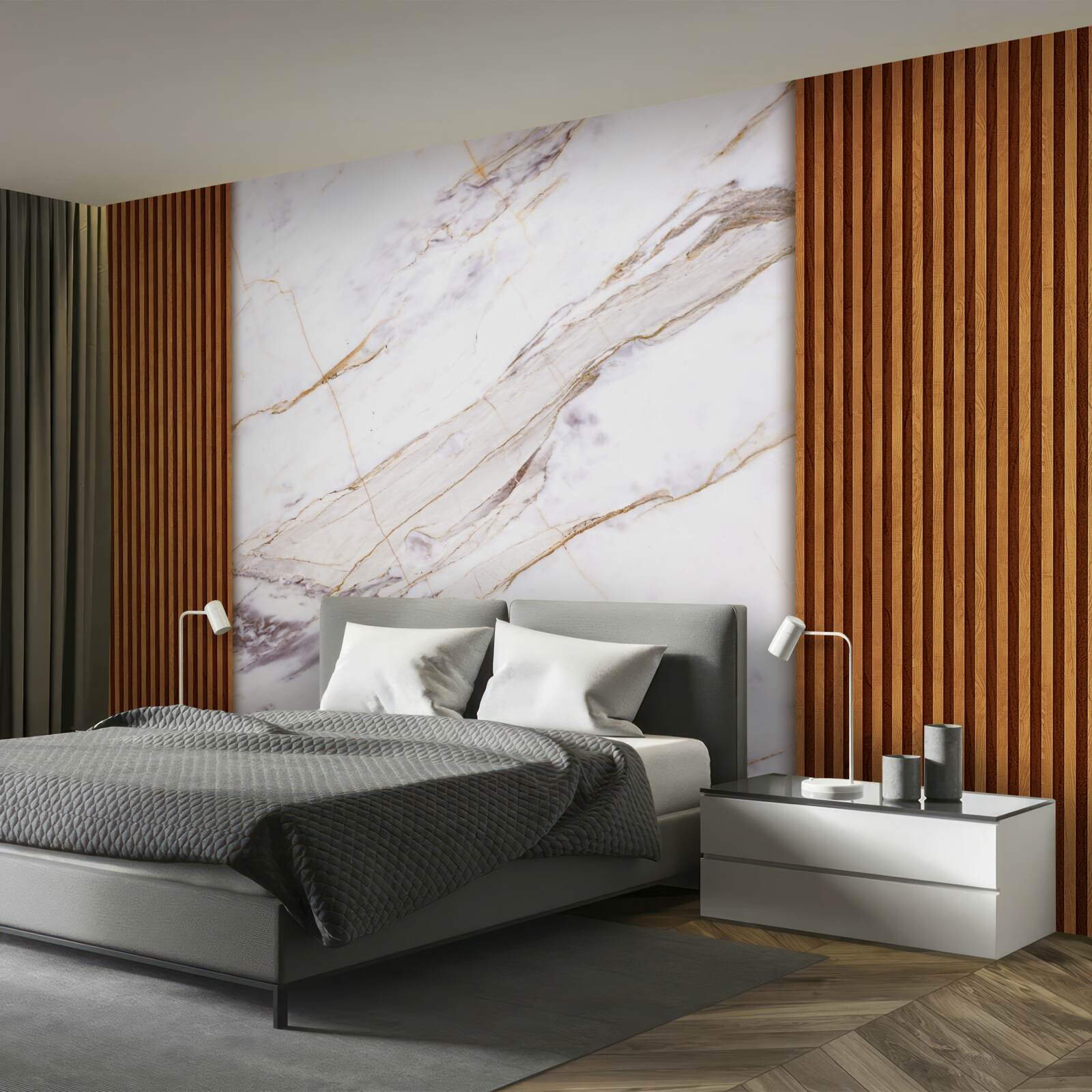 Fotobehang hout versierd met wit marmer