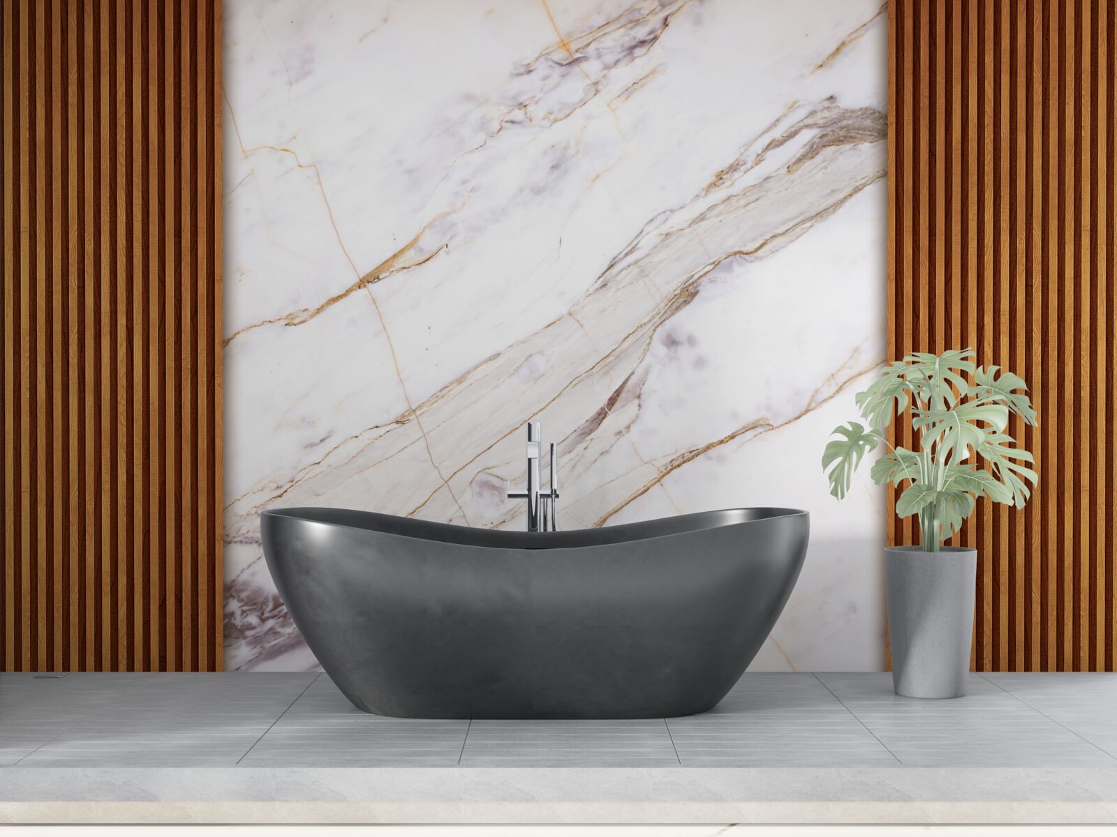 Fotobehang hout versierd met wit marmer